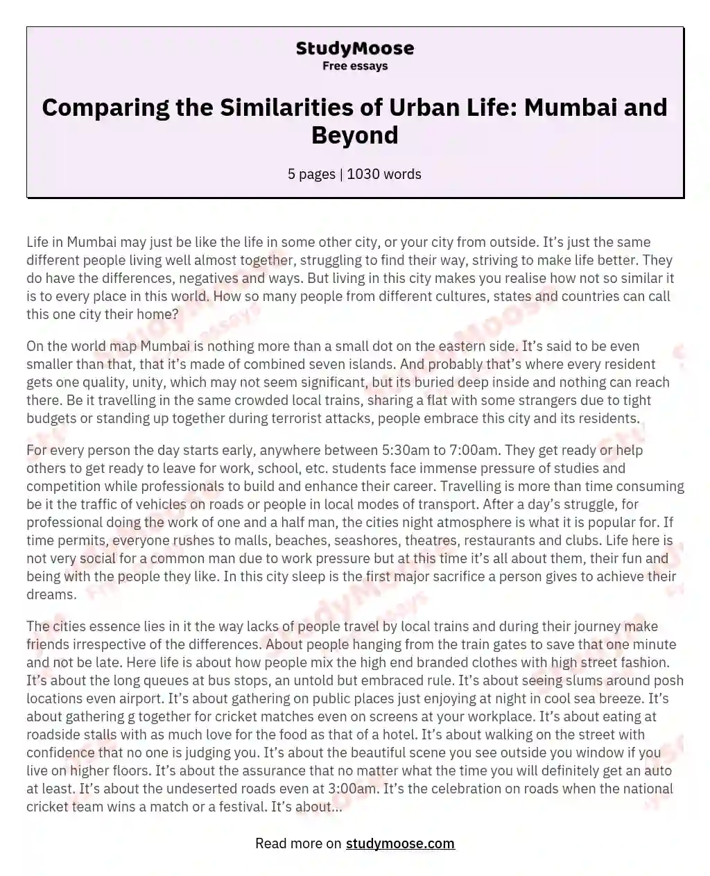 Comparing the Similarities of Urban Life: Mumbai and Beyond essay