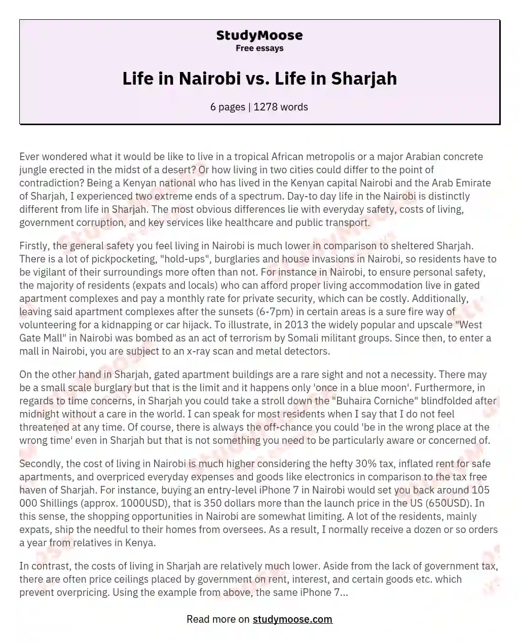 Life in Nairobi vs. Life in Sharjah essay