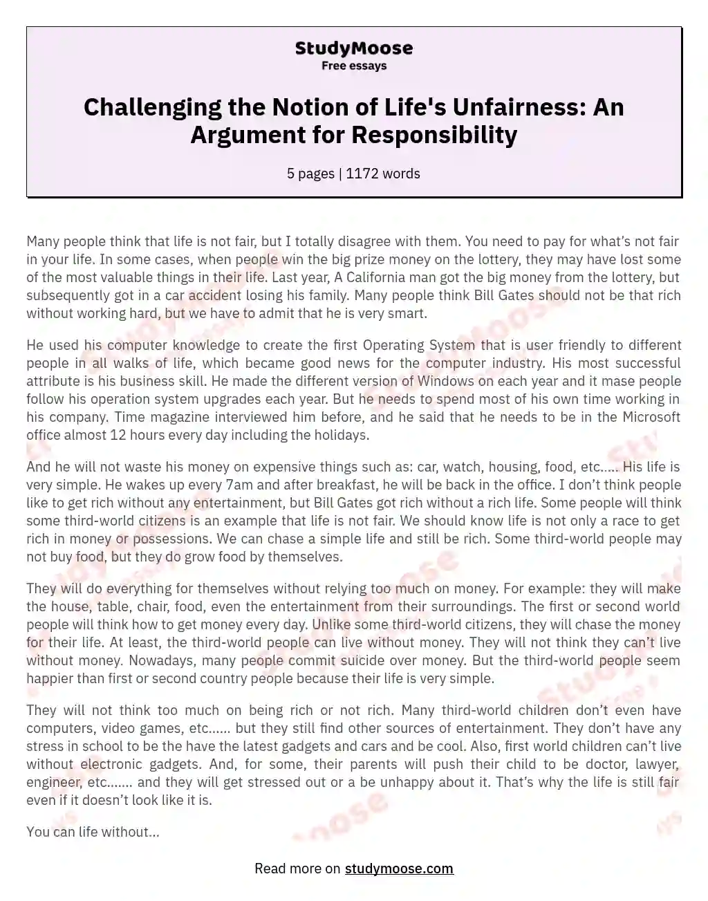 Challenging the Notion of Life's Unfairness: An Argument for Responsibility essay