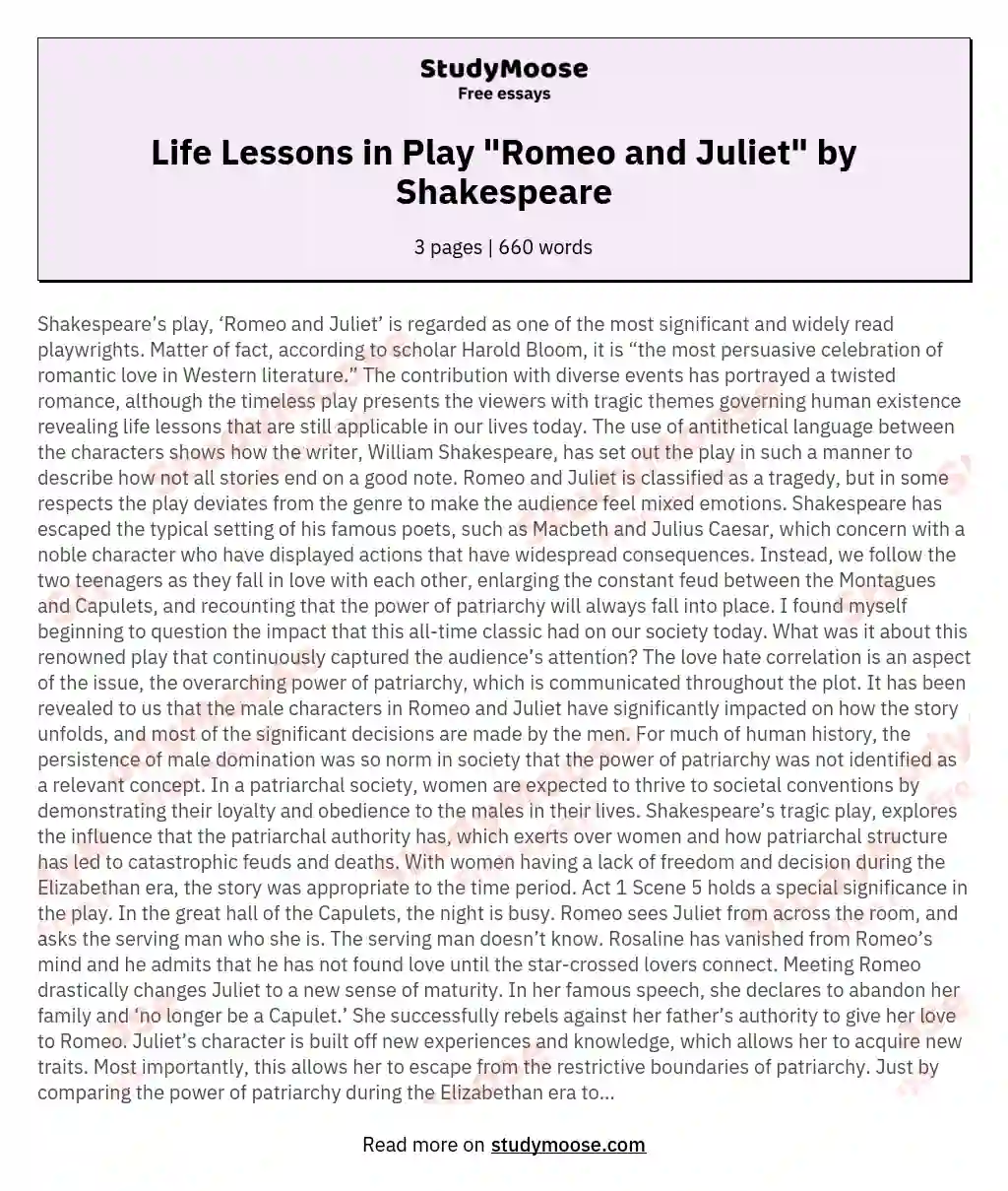 Life Lessons in Play "Romeo and Juliet" by Shakespeare essay