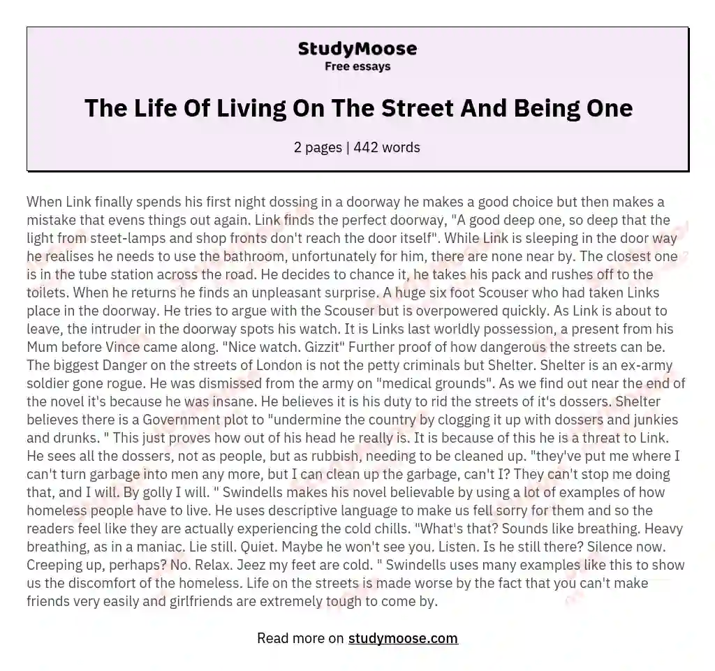 The Life Of Living On The Street And Being One essay