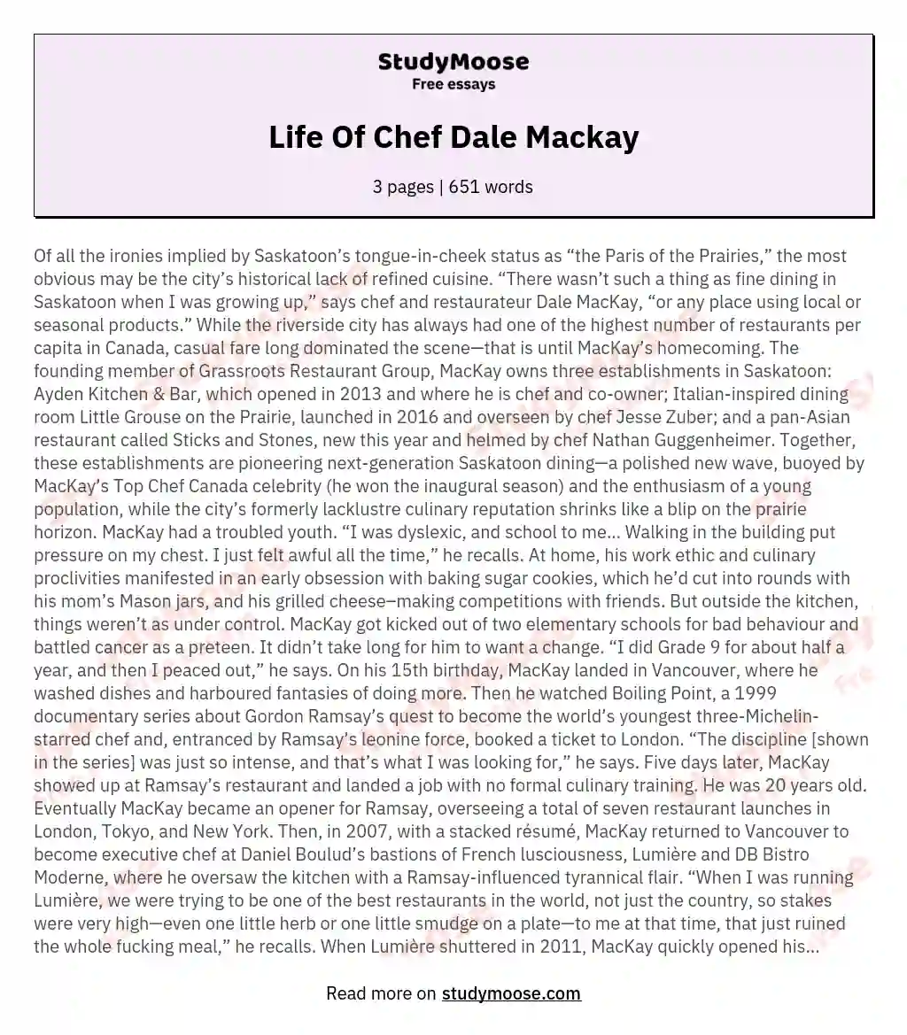 Life Of Chef Dale Mackay essay