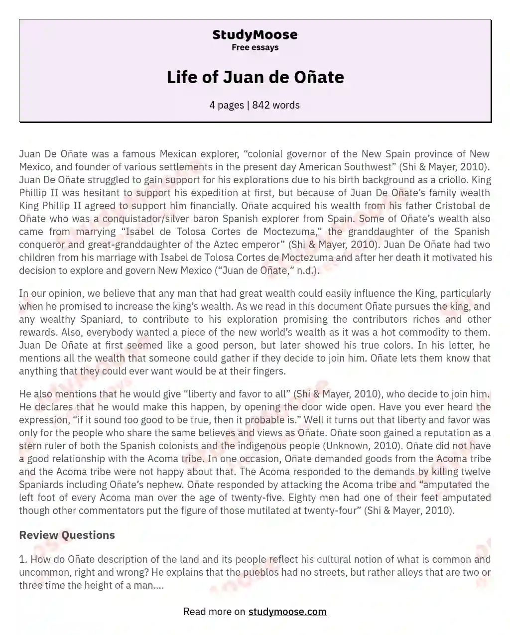 Life of Juan de Oñate essay