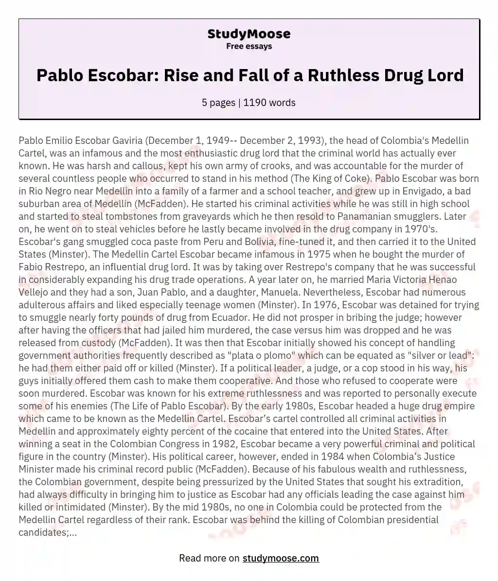 Pablo Escobar: Rise and Fall of a Ruthless Drug Lord essay