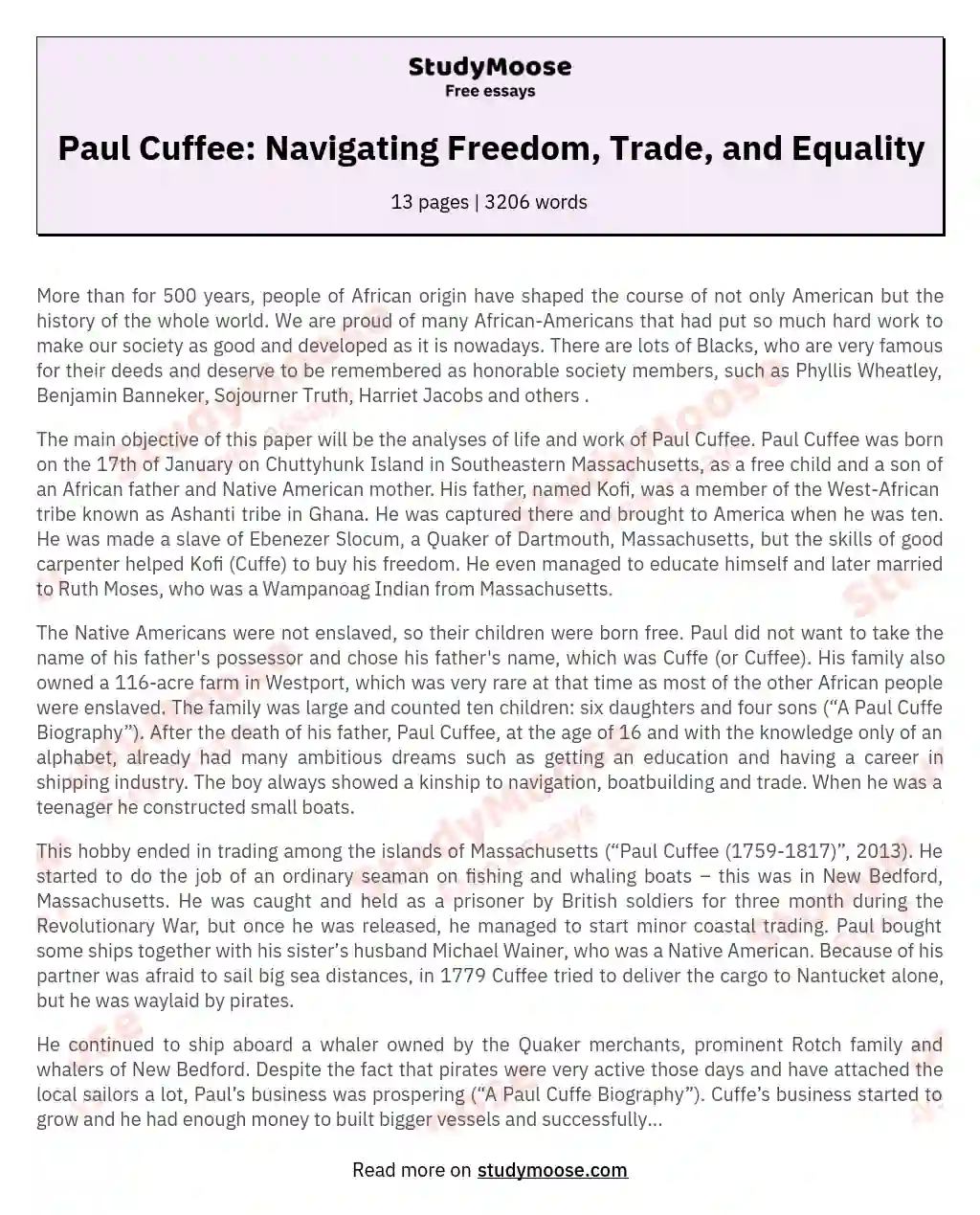Paul Cuffee: Navigating Freedom, Trade, and Equality essay