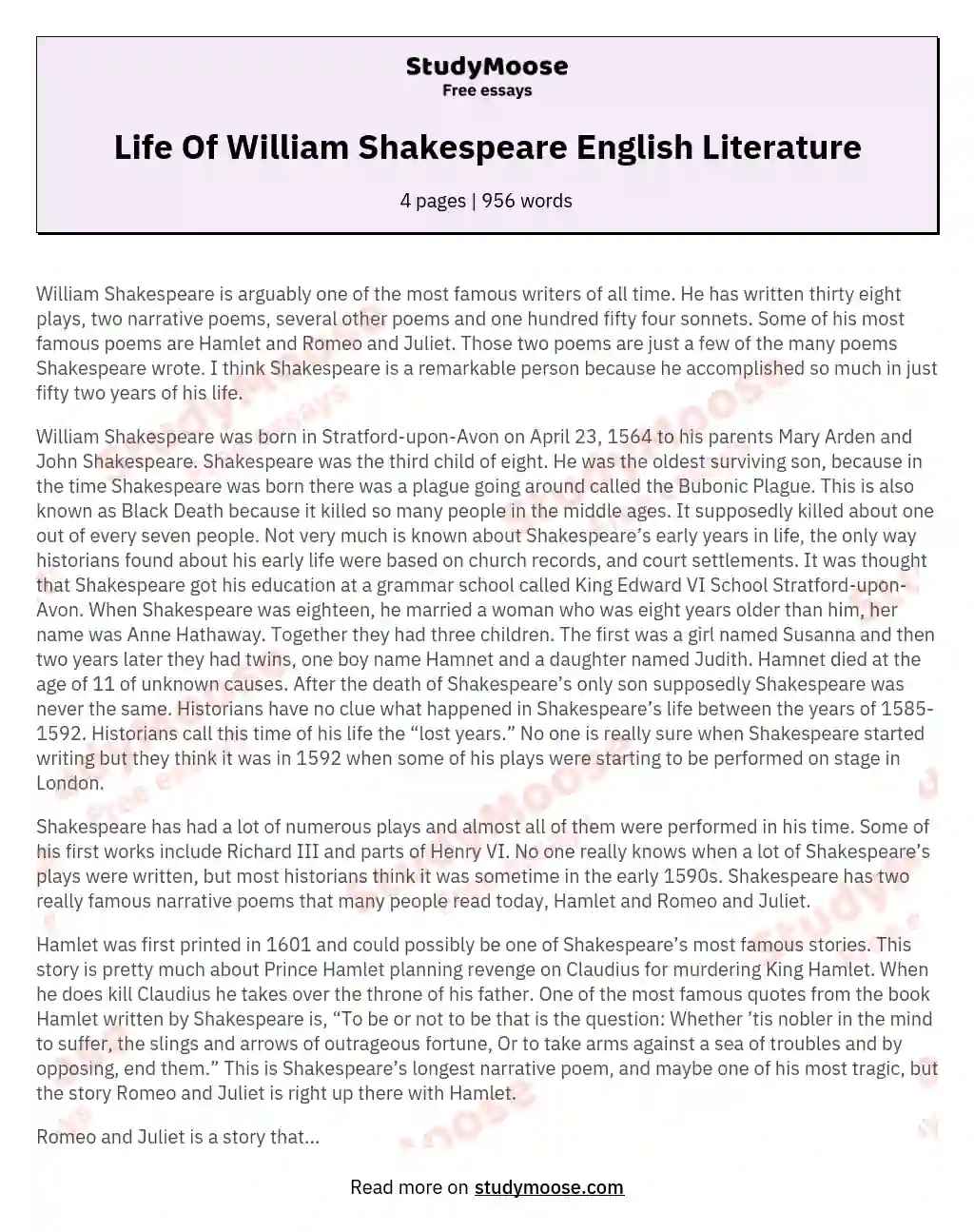 Life Of William Shakespeare English Literature essay