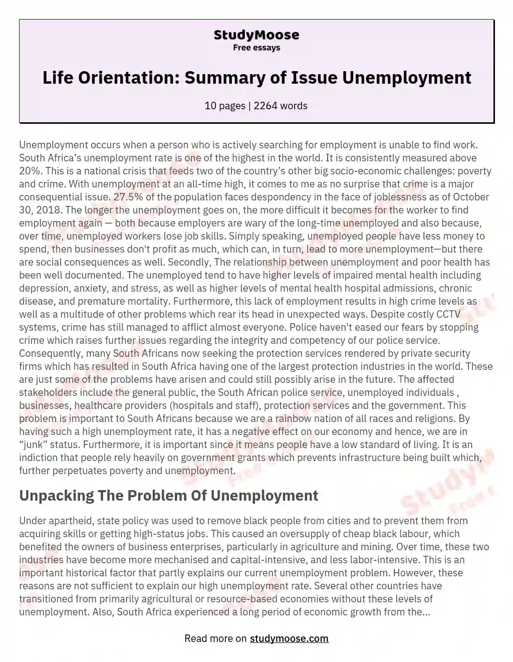 Life Orientation: Summary of Issue Unemployment