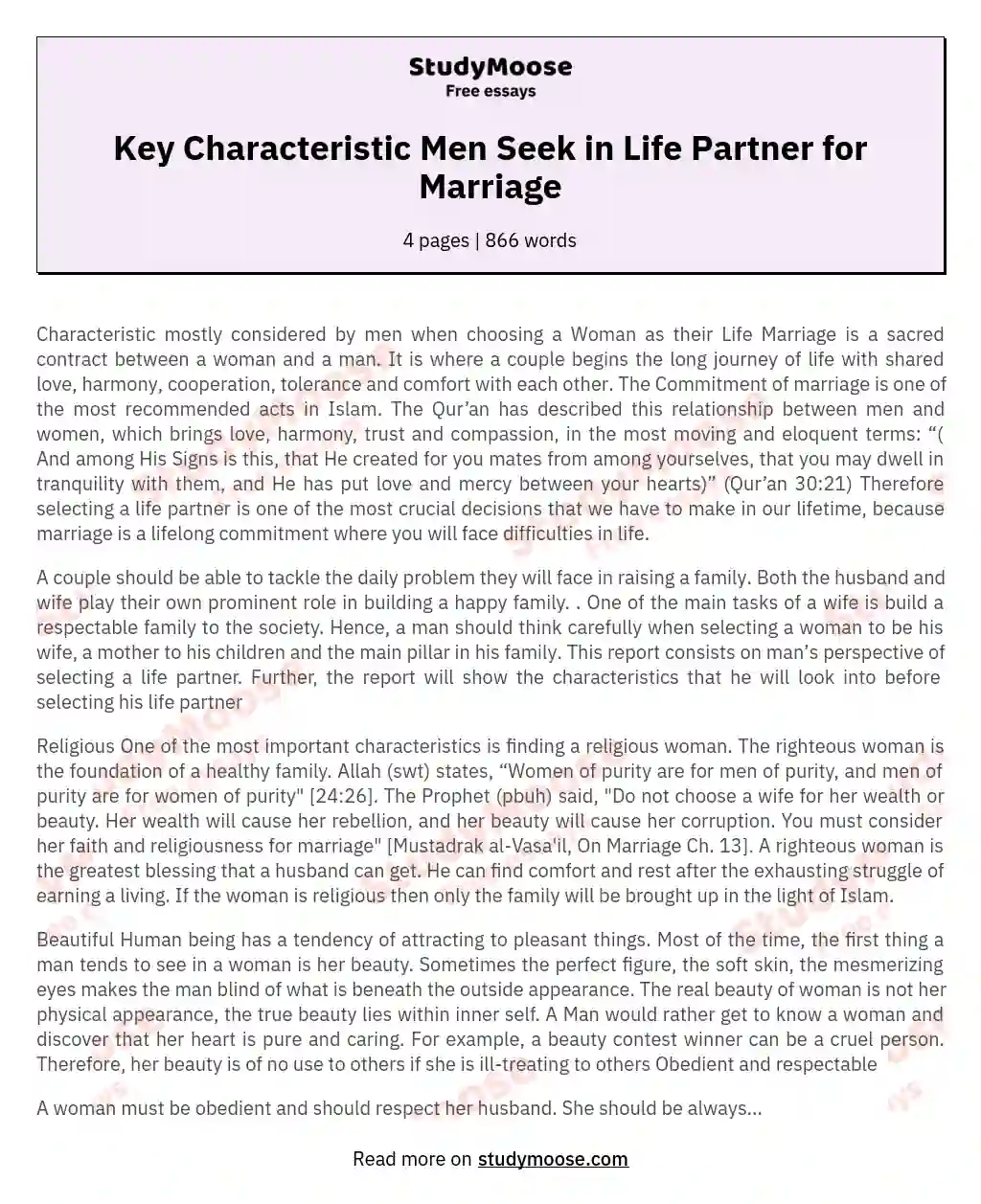 Key Characteristic Men Seek in Life Partner for Marriage essay