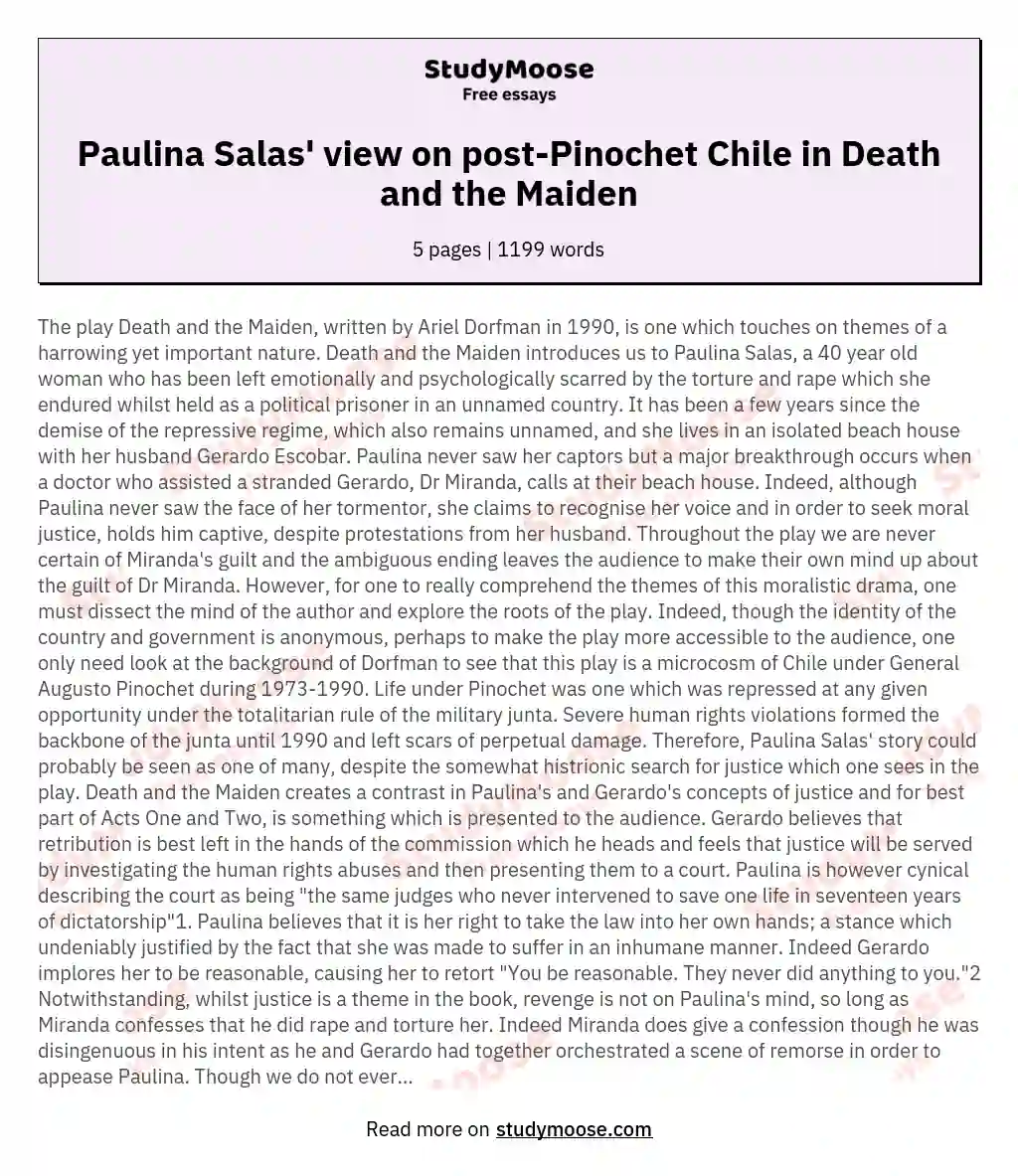 How is life after Pinochet and Chile's military government reflected through the eyes of Paulina Salas in Death and the Maiden?