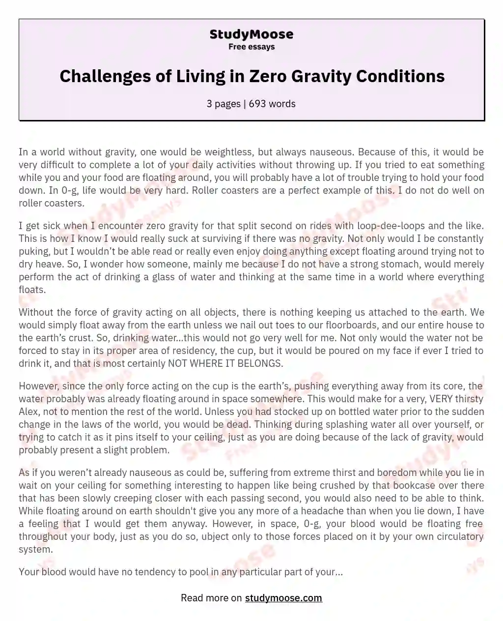 Challenges of Living in Zero Gravity Conditions essay
