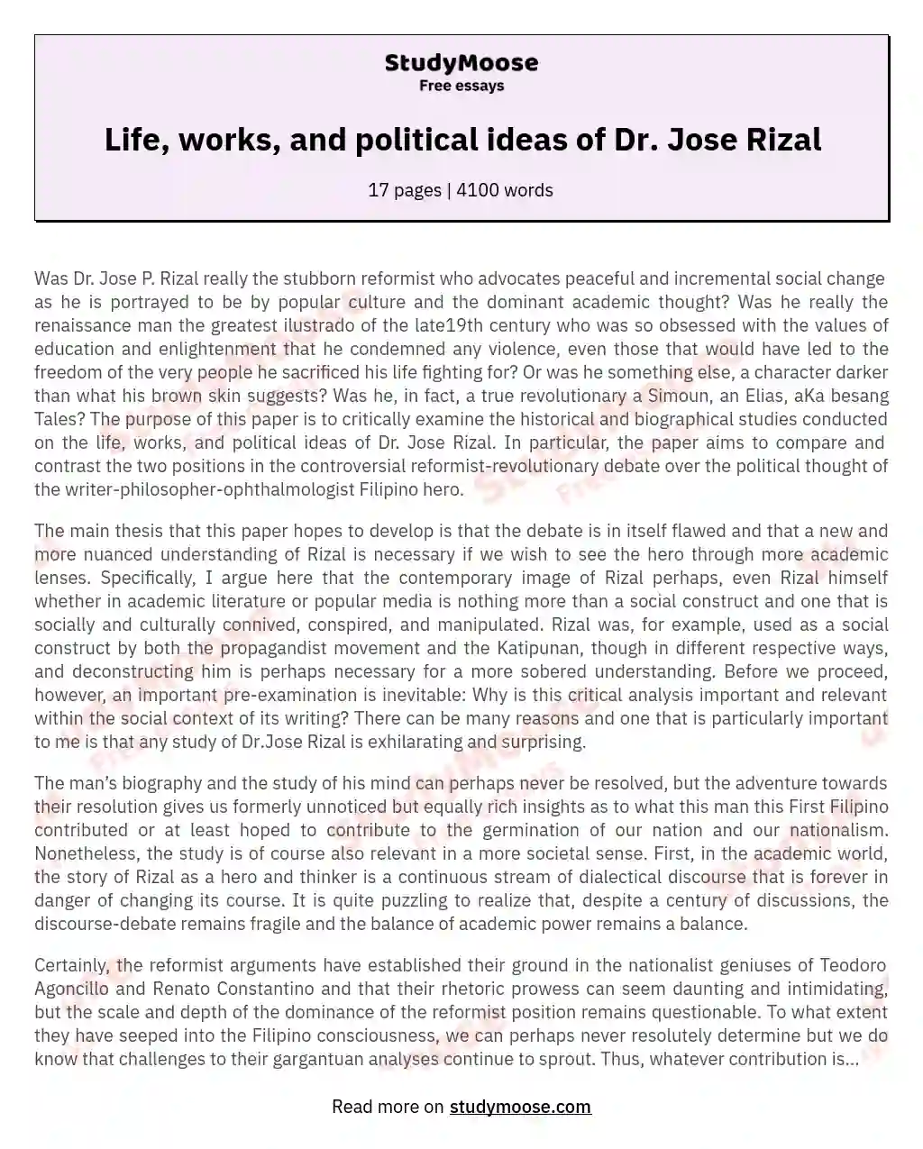 Life, works, and political ideas of Dr. Jose Rizal essay