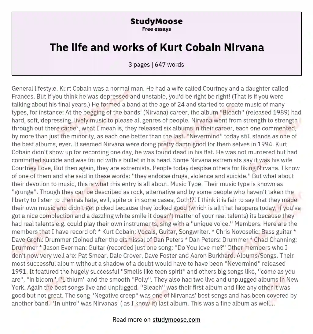 The life and works of Kurt Cobain Nirvana essay