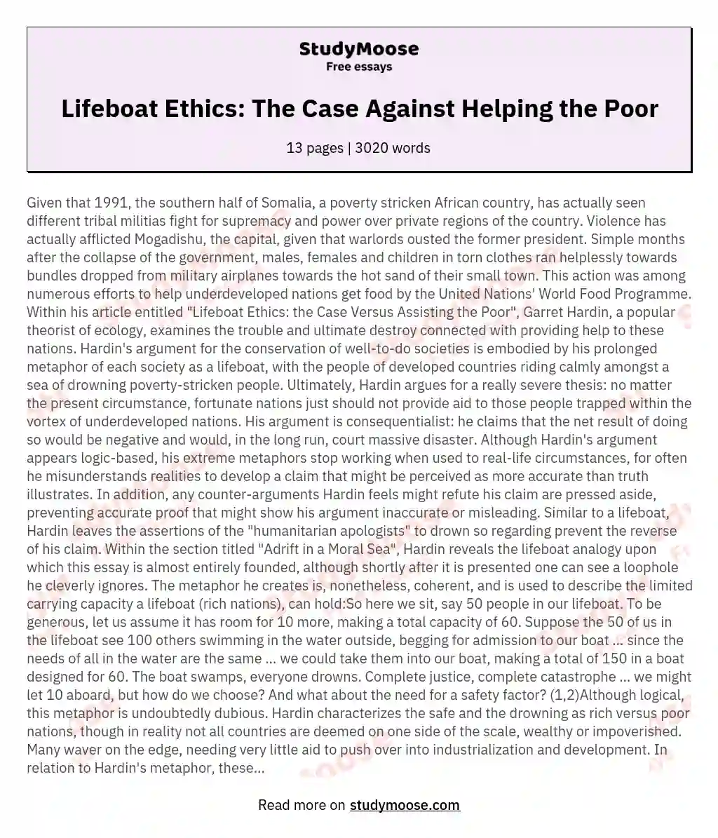 Lifeboat Ethics: The Case Against Helping the Poor essay