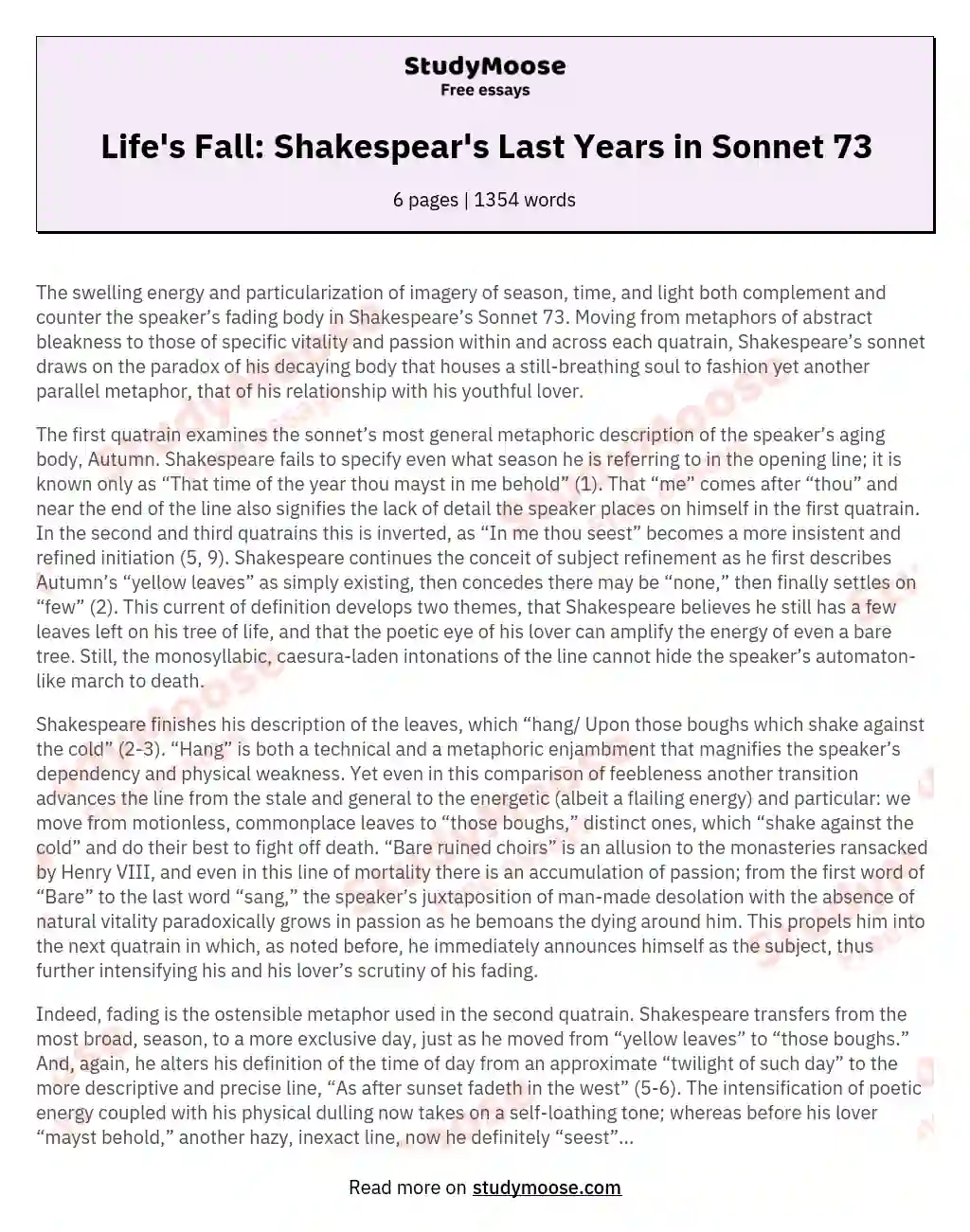 Life's Fall: Shakespear's Last Years in Sonnet 73 essay
