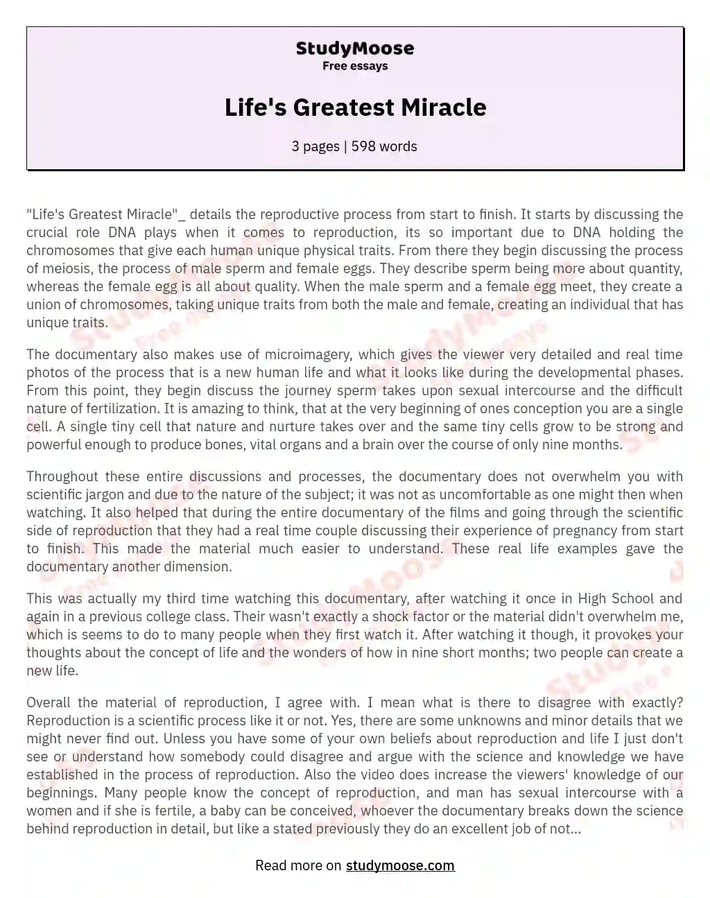 Life's Greatest Miracle essay