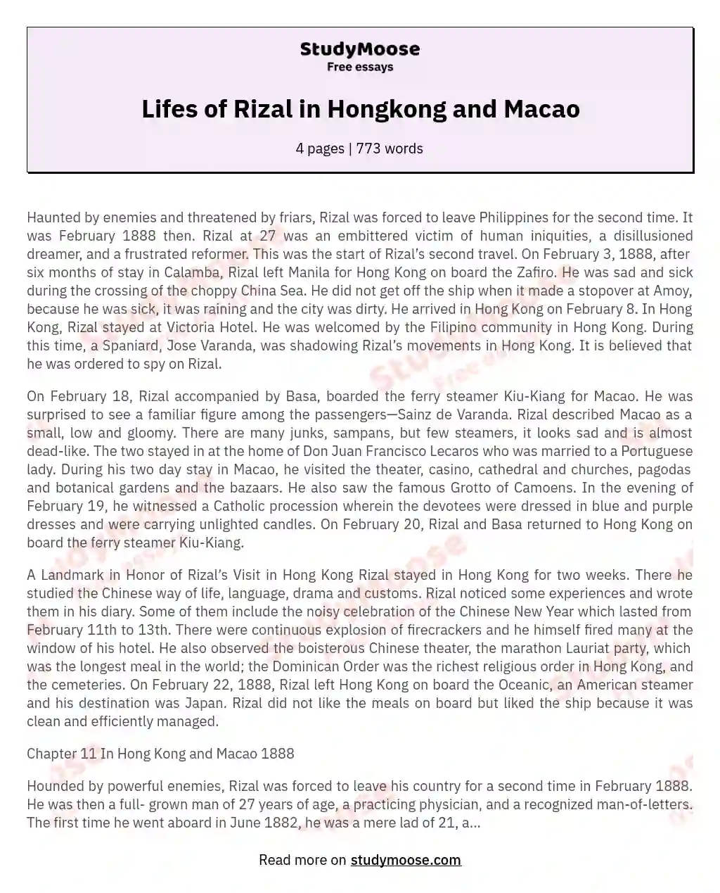 Lifes of Rizal in Hongkong and Macao essay