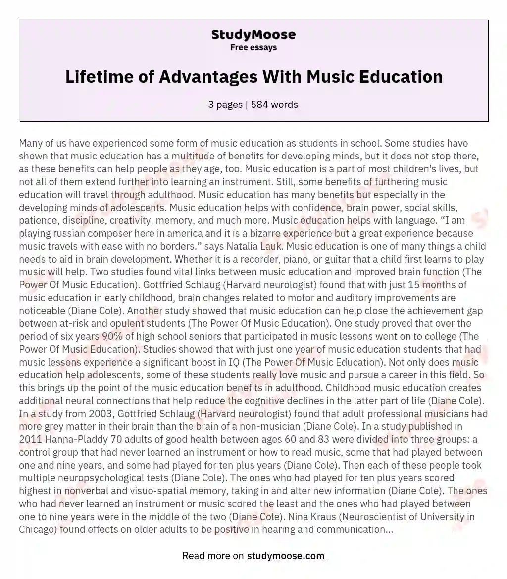 Lifetime of Advantages With Music Education essay