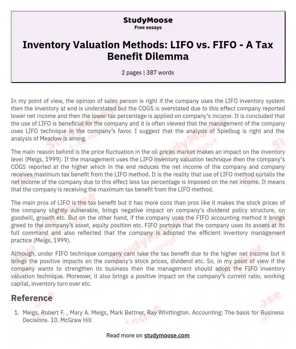 Inventory Valuation Methods: LIFO vs. FIFO - A Tax Benefit Dilemma essay