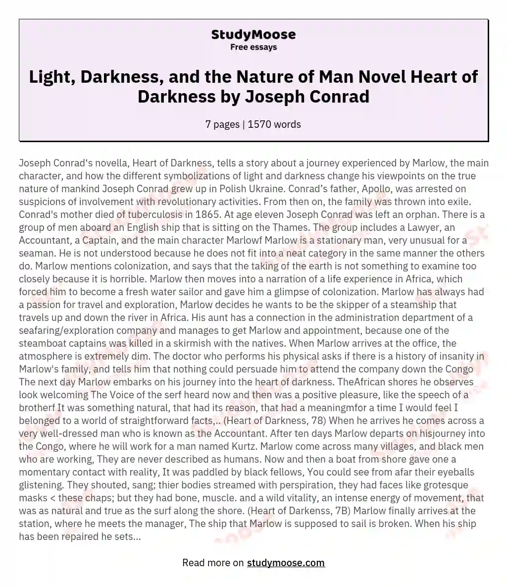 Light, Darkness, and the Nature of Man Novel Heart of Darkness by Joseph Conrad essay