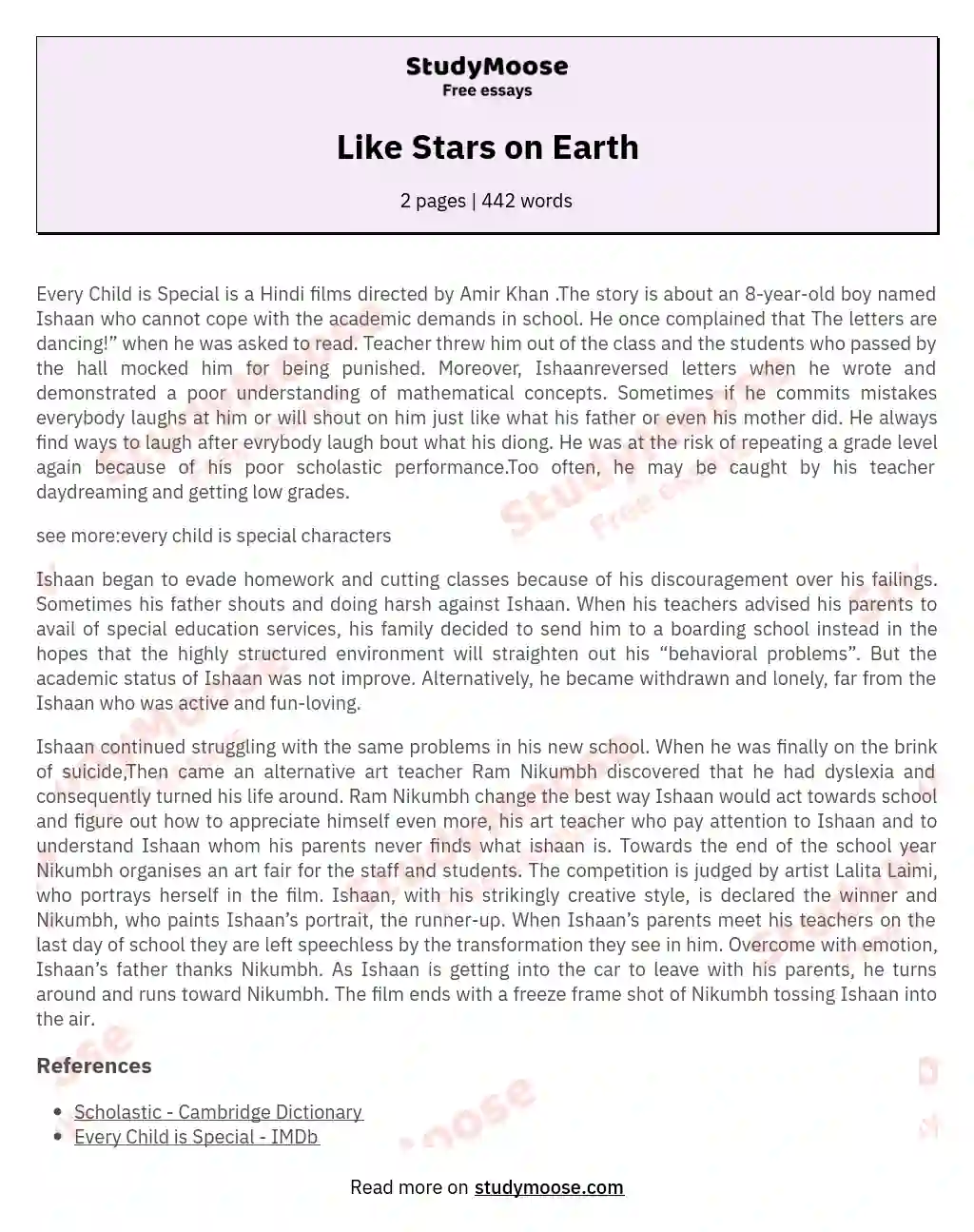 Like Stars on Earth essay
