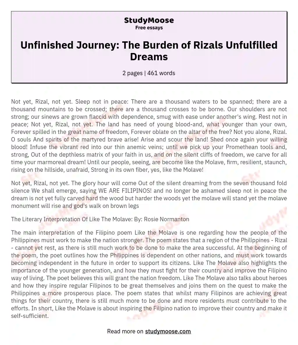 Unfinished Journey: The Burden of Rizals Unfulfilled Dreams essay