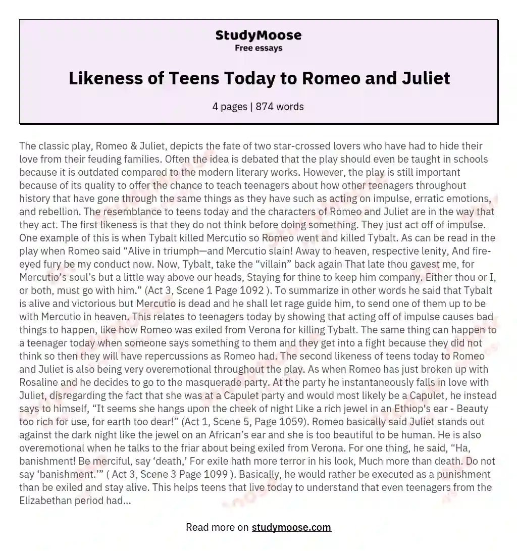 Likeness of Teens Today to Romeo and Juliet essay