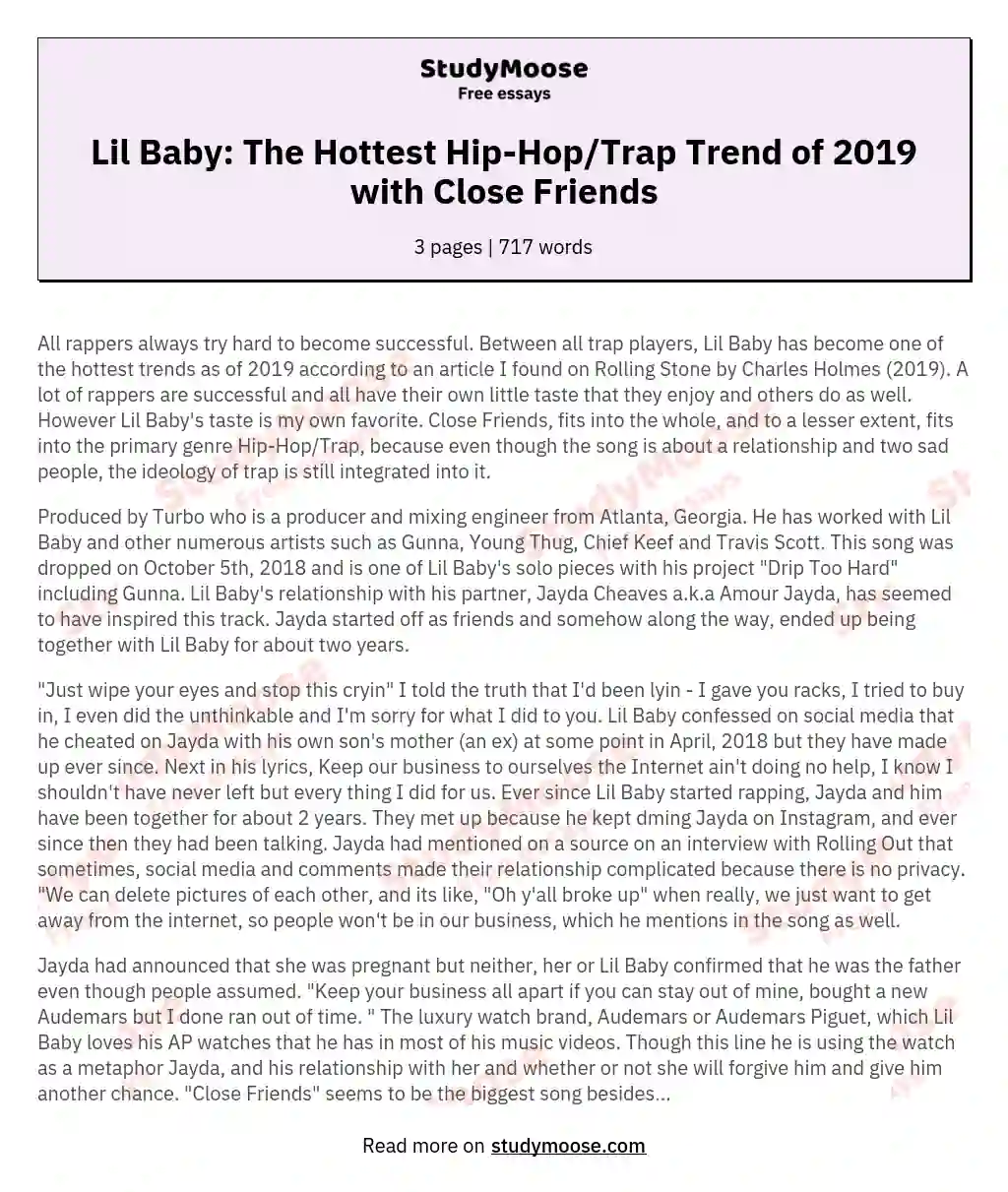 Lil Baby: The Hottest Hip-Hop/Trap Trend of 2019 with Close Friends essay