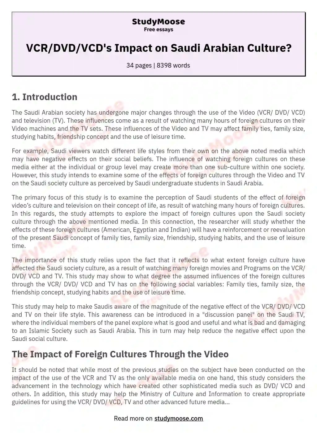 VCR/DVD/VCD's Impact on Saudi Arabian Culture? essay