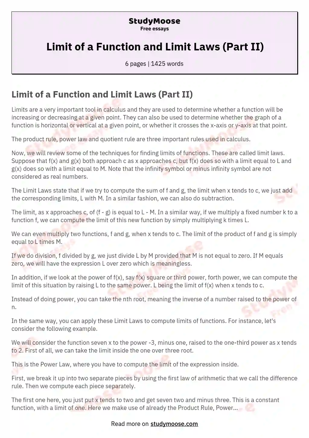Limit of a Function and Limit Laws (Part II) essay