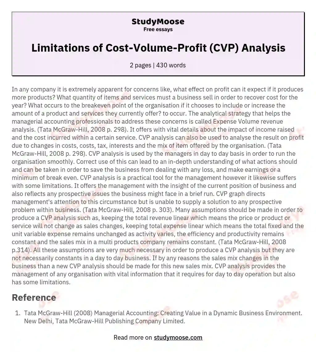 Limitations of Cost-Volume-Profit (CVP) Analysis essay