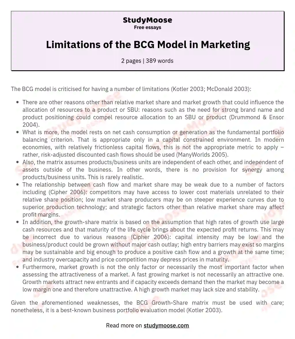 Limitations of the BCG Model in Marketing essay