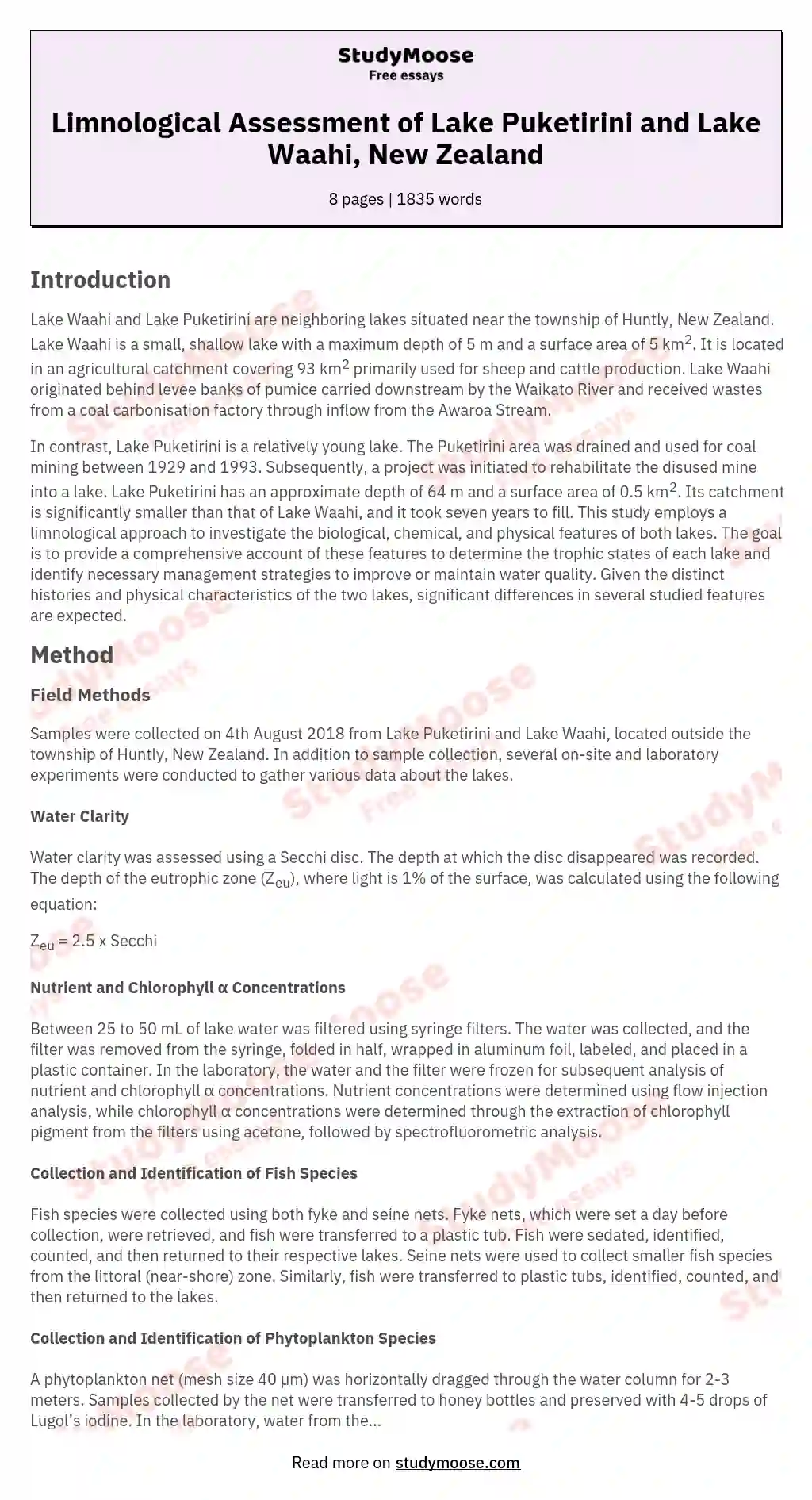 Limnological Assessment of Lake Puketirini and Lake Waahi, New Zealand essay