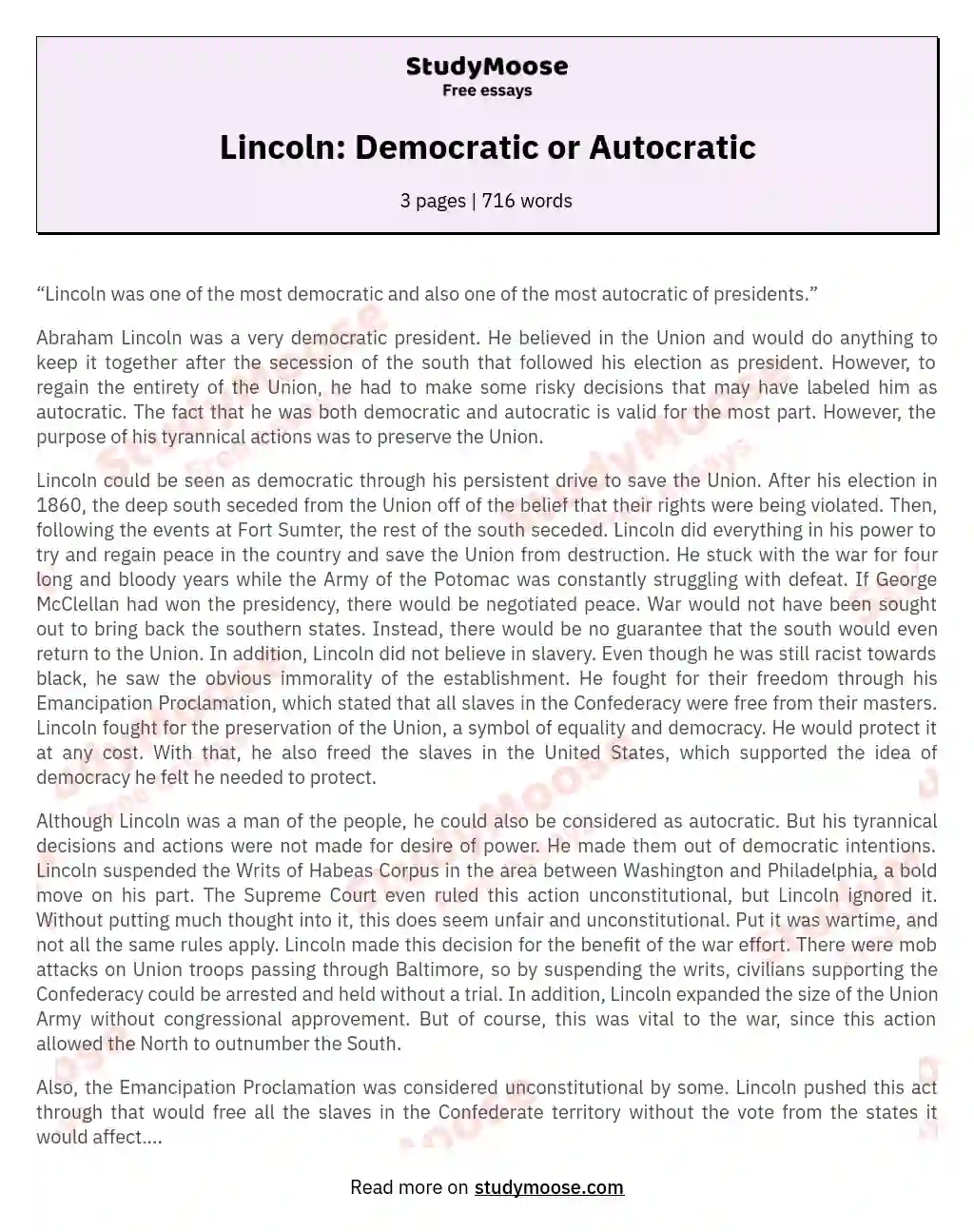 Lincoln: Democratic or Autocratic essay