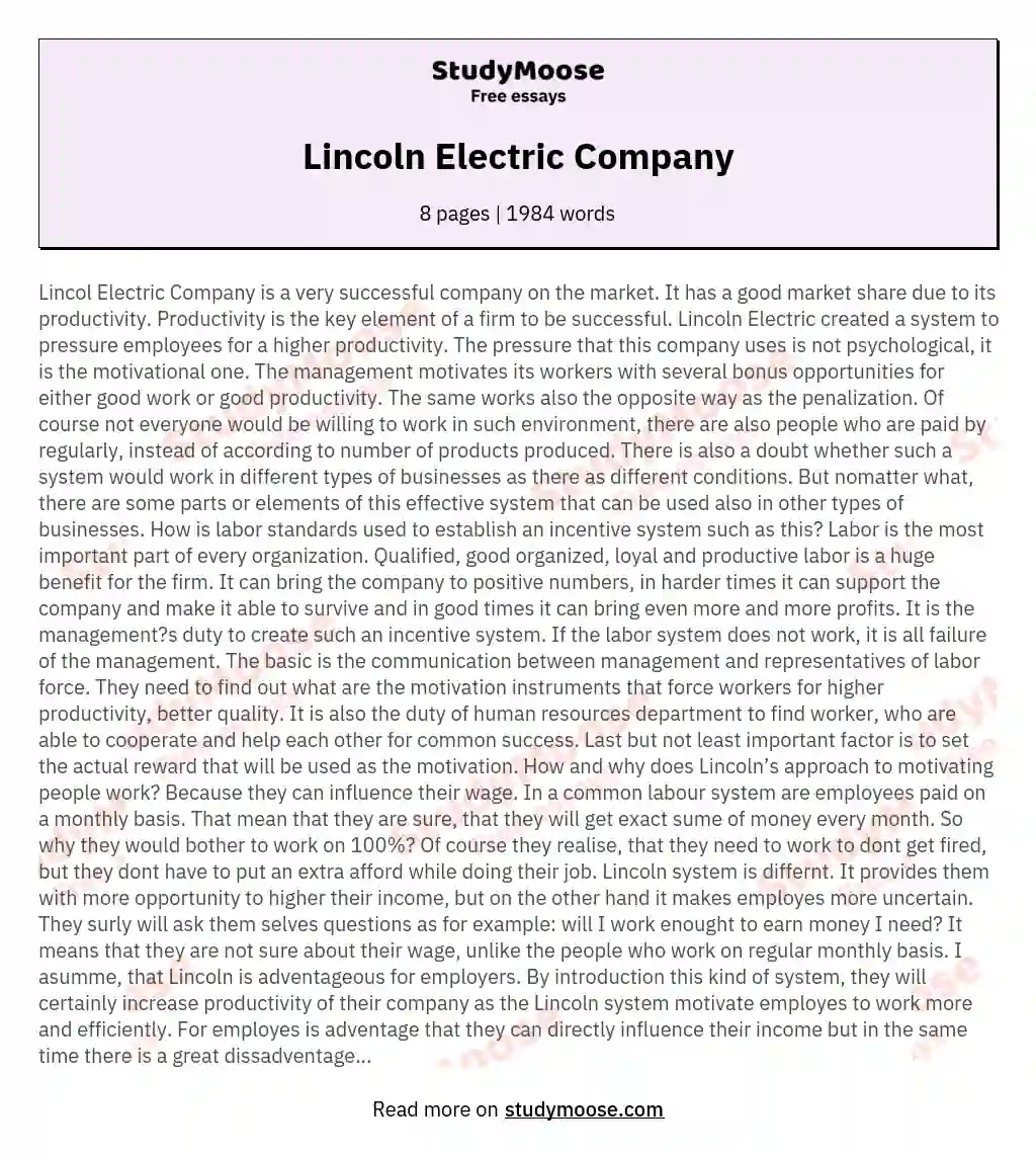 Lincoln Electric Company essay