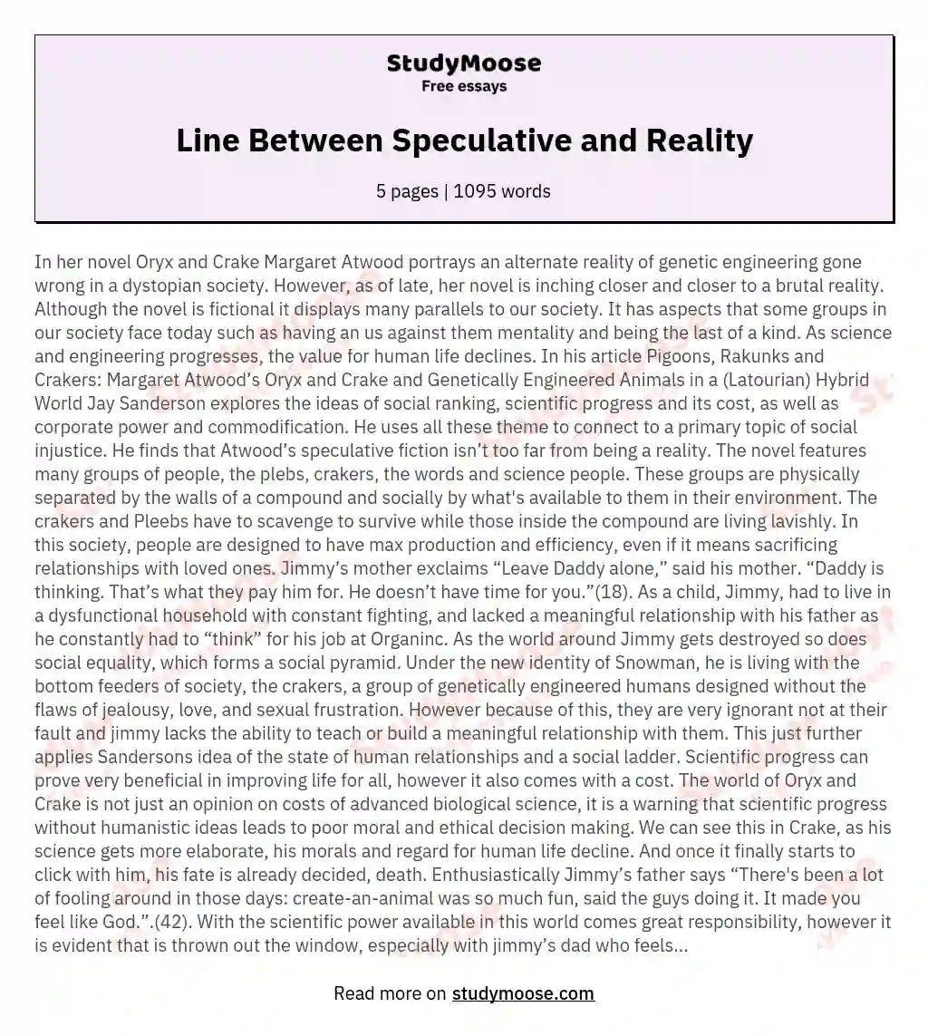 Line Between Speculative and Reality essay