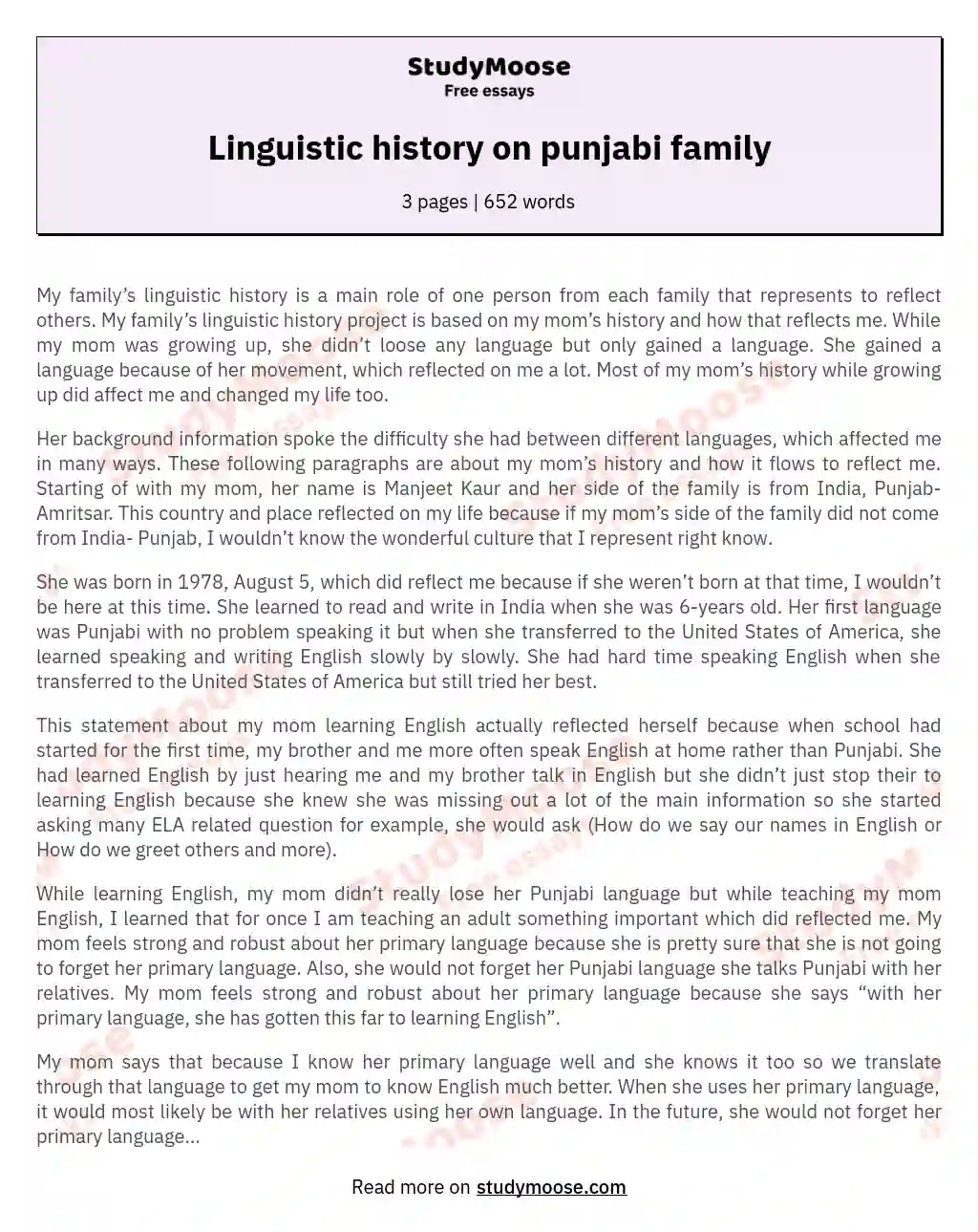 Linguistic history on punjabi family essay