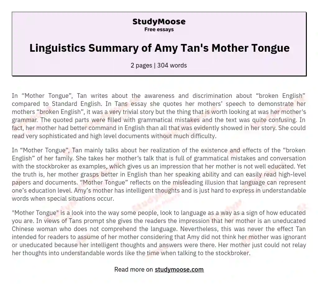 The Impact of Language Biases: Amy Tan's Exploration of Linguistic Perception and Cultural Identity essay