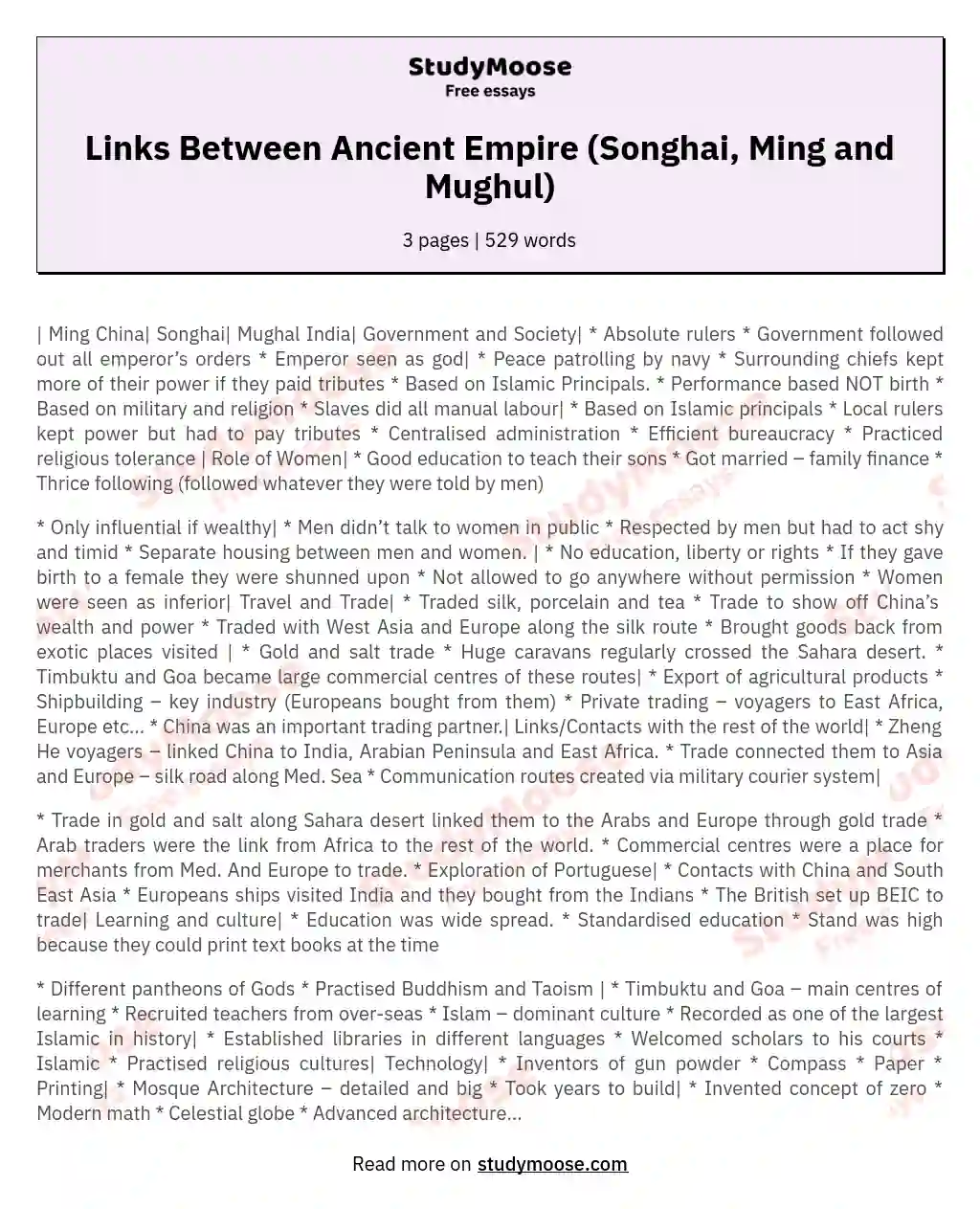 Links Between Ancient Empire (Songhai, Ming and Mughul) essay