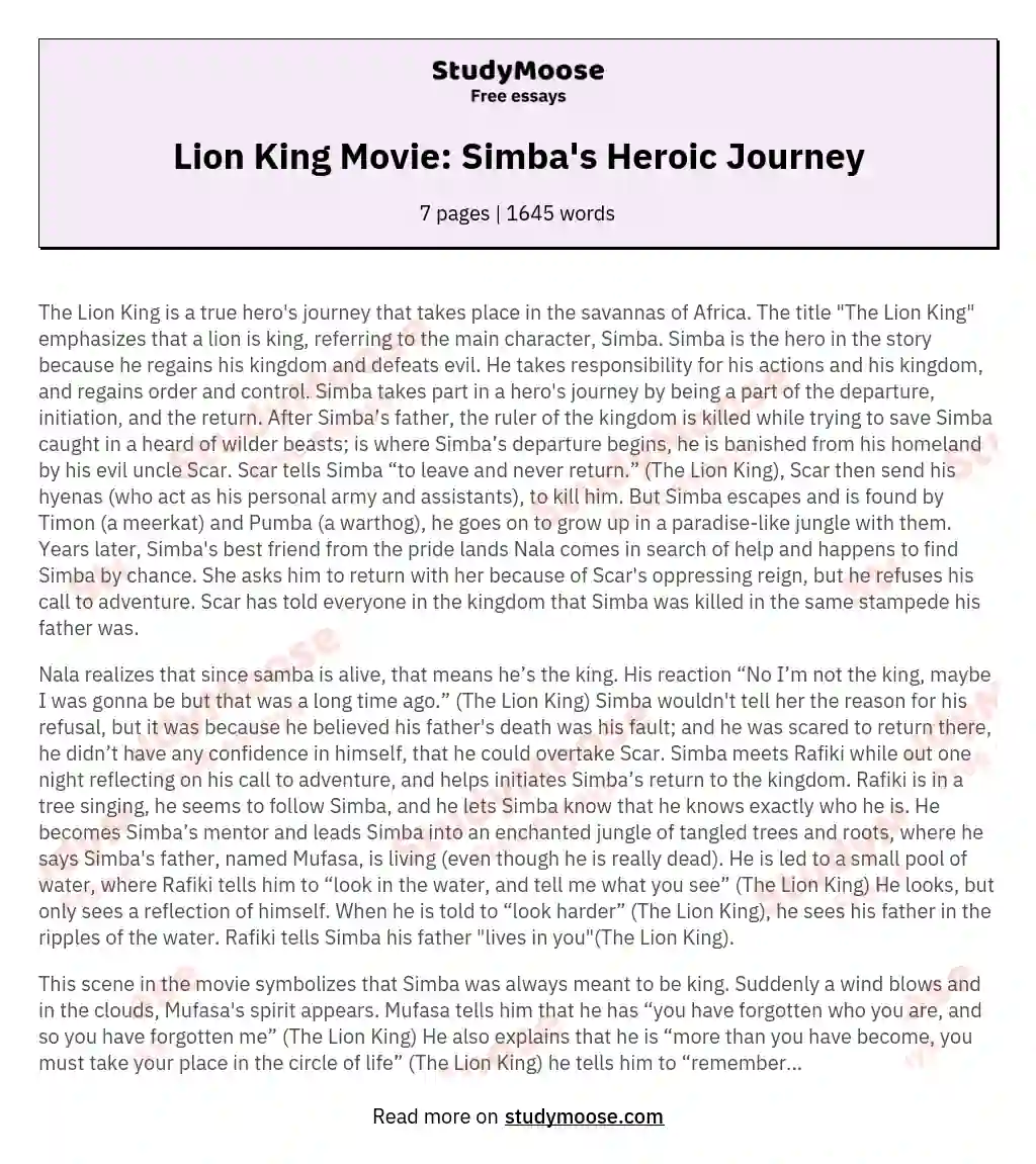 Lion King Movie: Simba's Heroic Journey essay