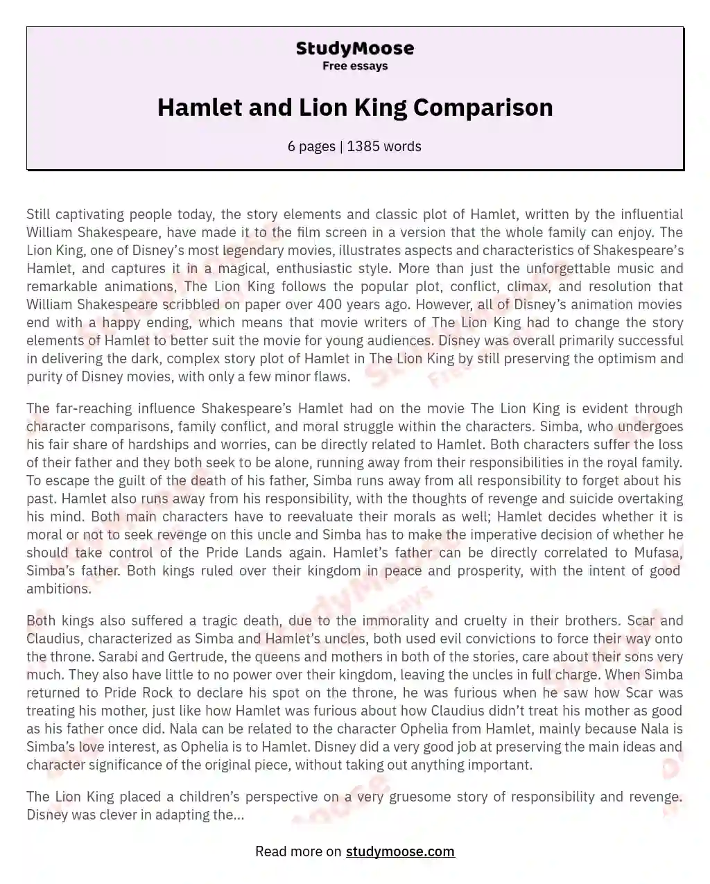 Hamlet and Lion King Comparison essay