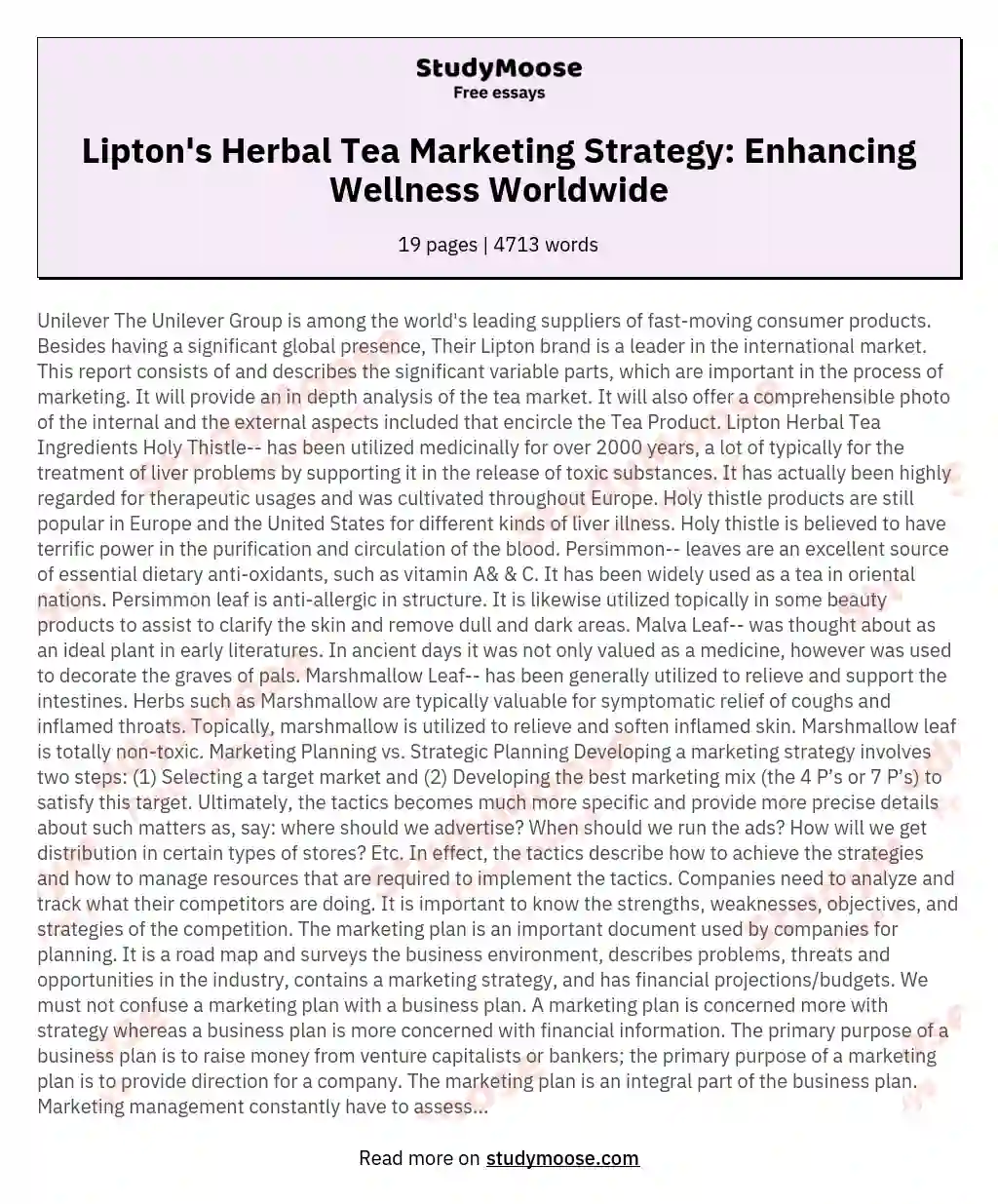 Lipton's Herbal Tea Marketing Strategy: Enhancing Wellness Worldwide essay