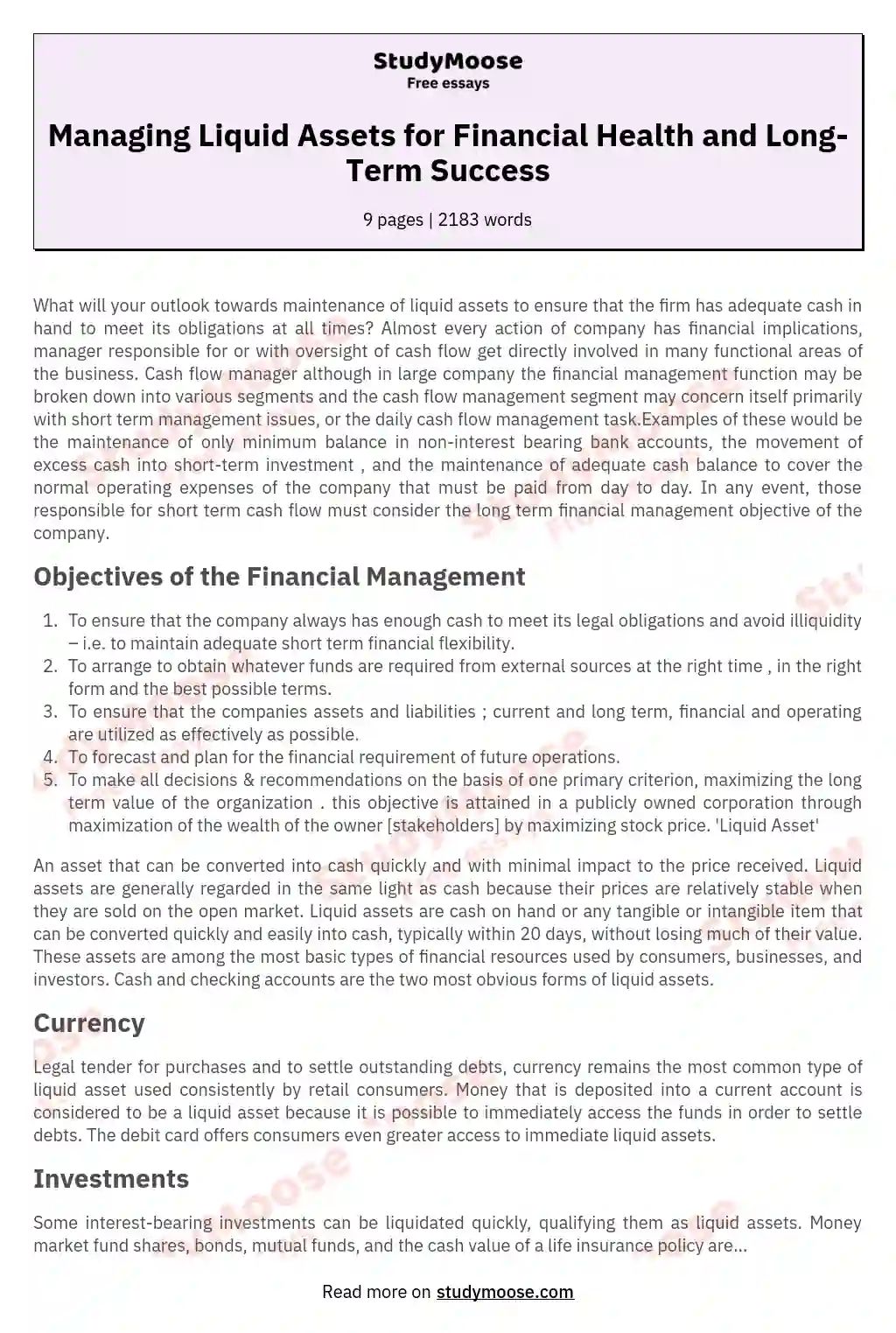 Managing Liquid Assets for Financial Health and Long-Term Success essay