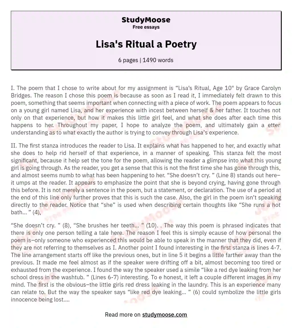 Analyzing "Lisa's Ritual, Age 10": A Poetic Exploration essay