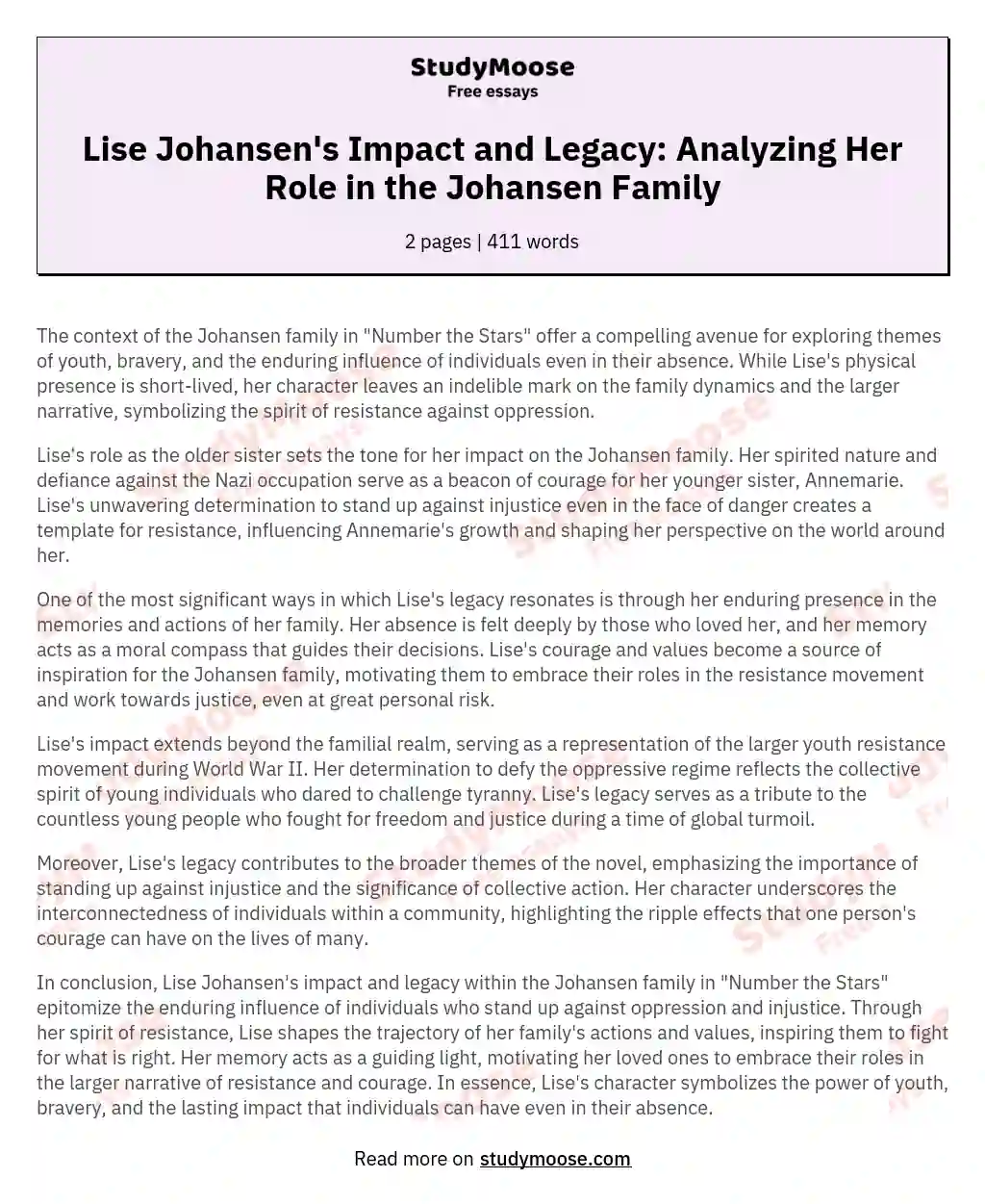 Lise Johansen's Impact and Legacy: Analyzing Her Role in the Johansen Family essay