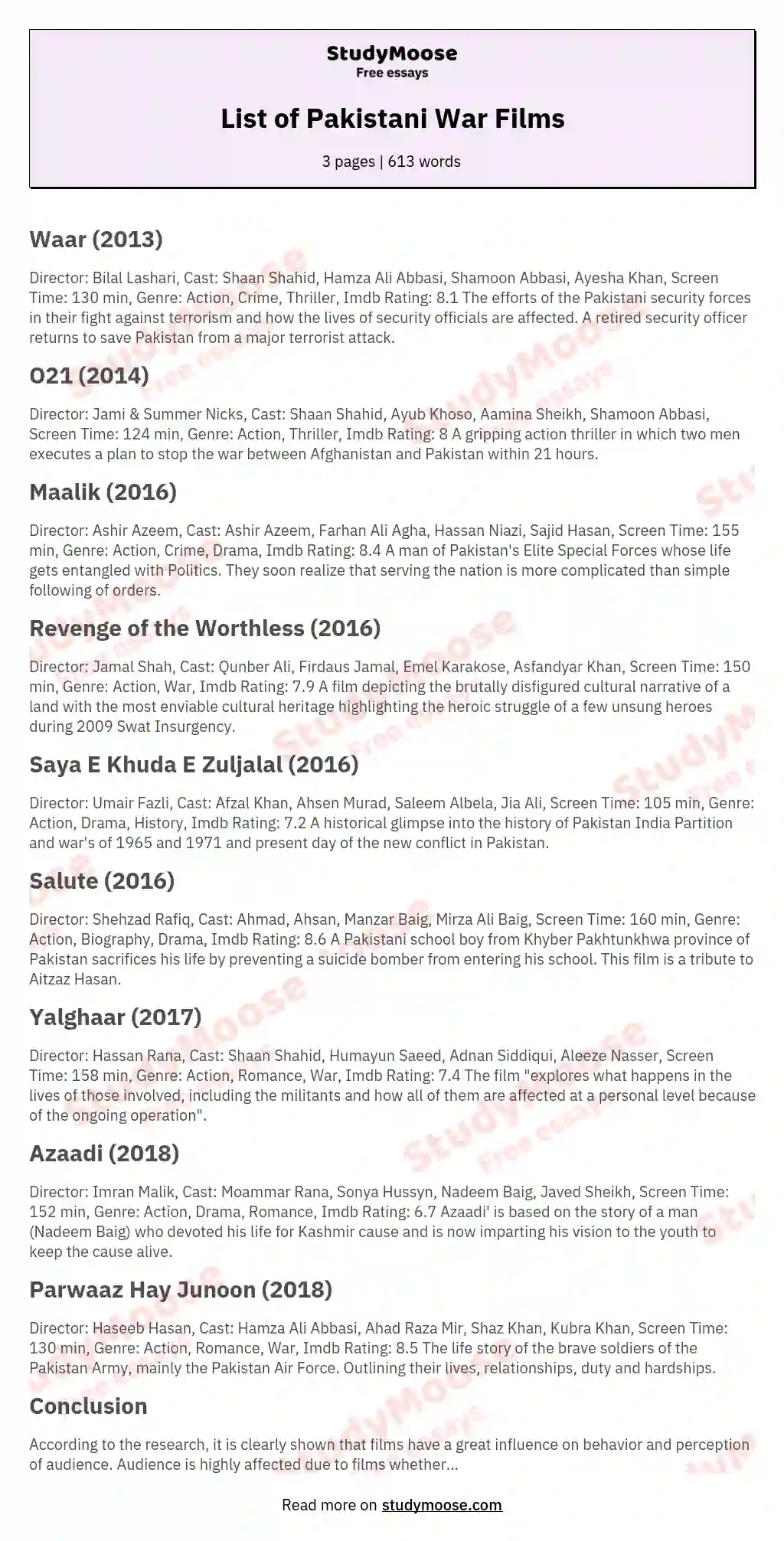 List of Pakistani War Films essay