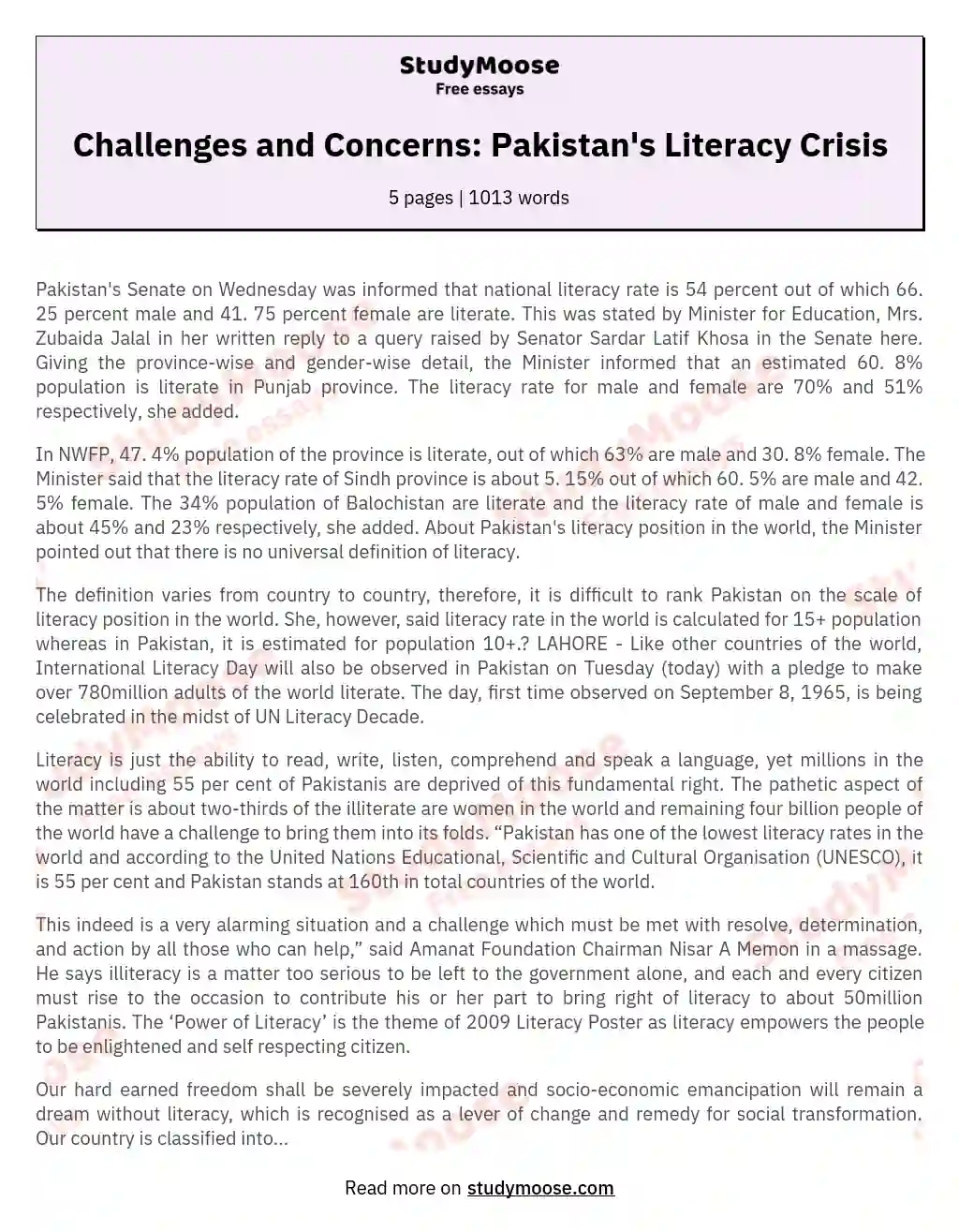 Challenges and Concerns: Pakistan's Literacy Crisis essay