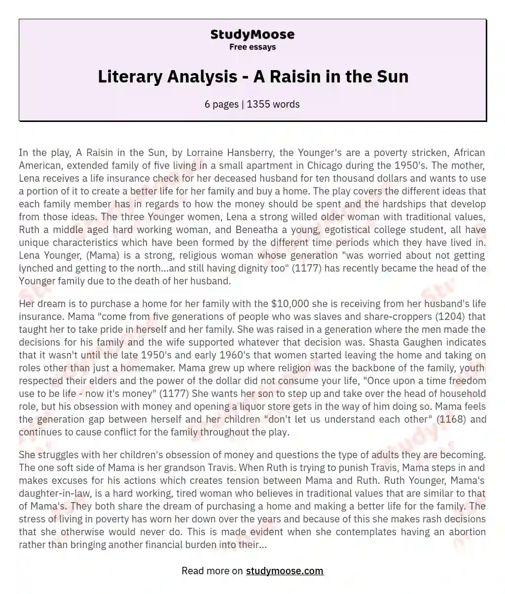 Literary Analysis - A Raisin in the Sun essay