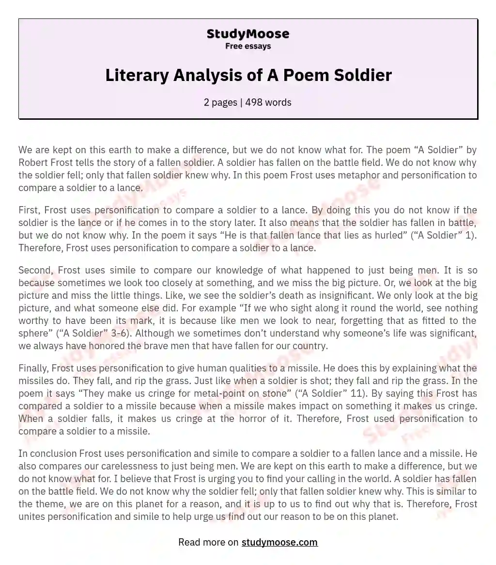 Literary Analysis of A Poem Soldier essay