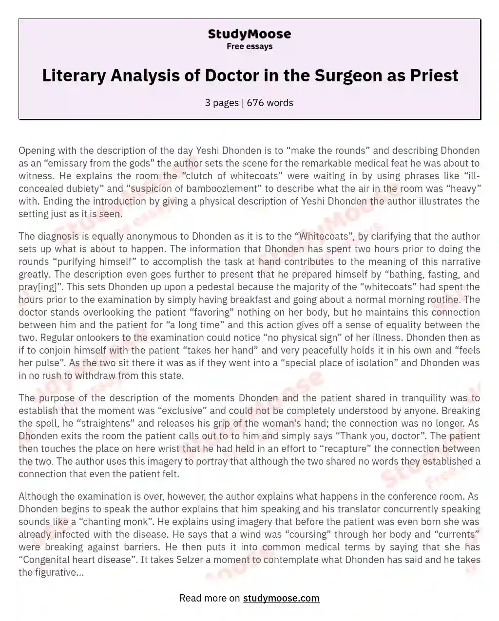 Literary Analysis of Doctor in the Surgeon as Priest