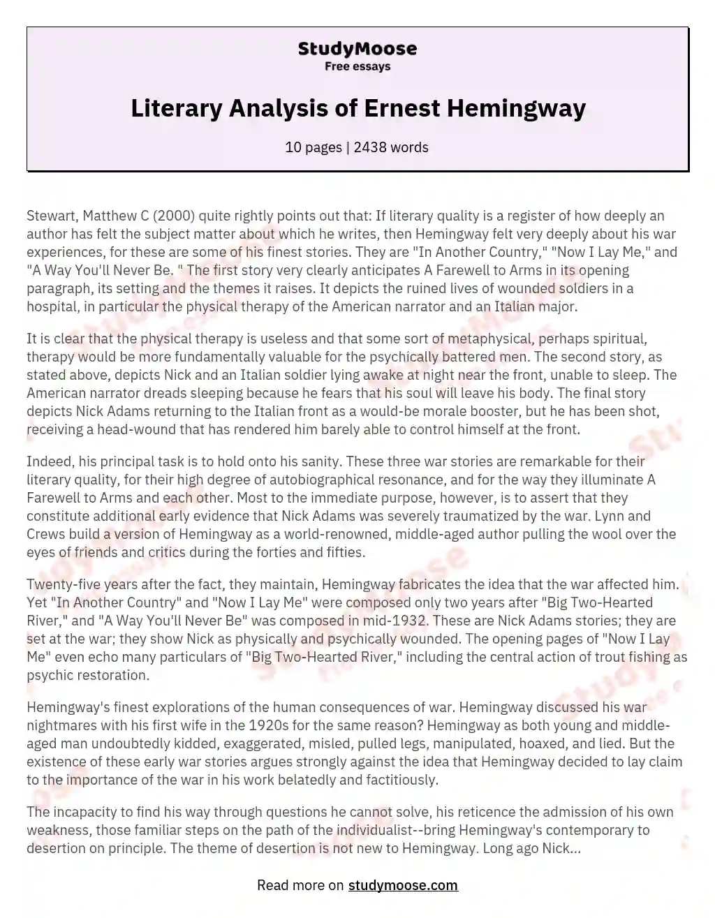 Literary Analysis of Ernest Hemingway essay